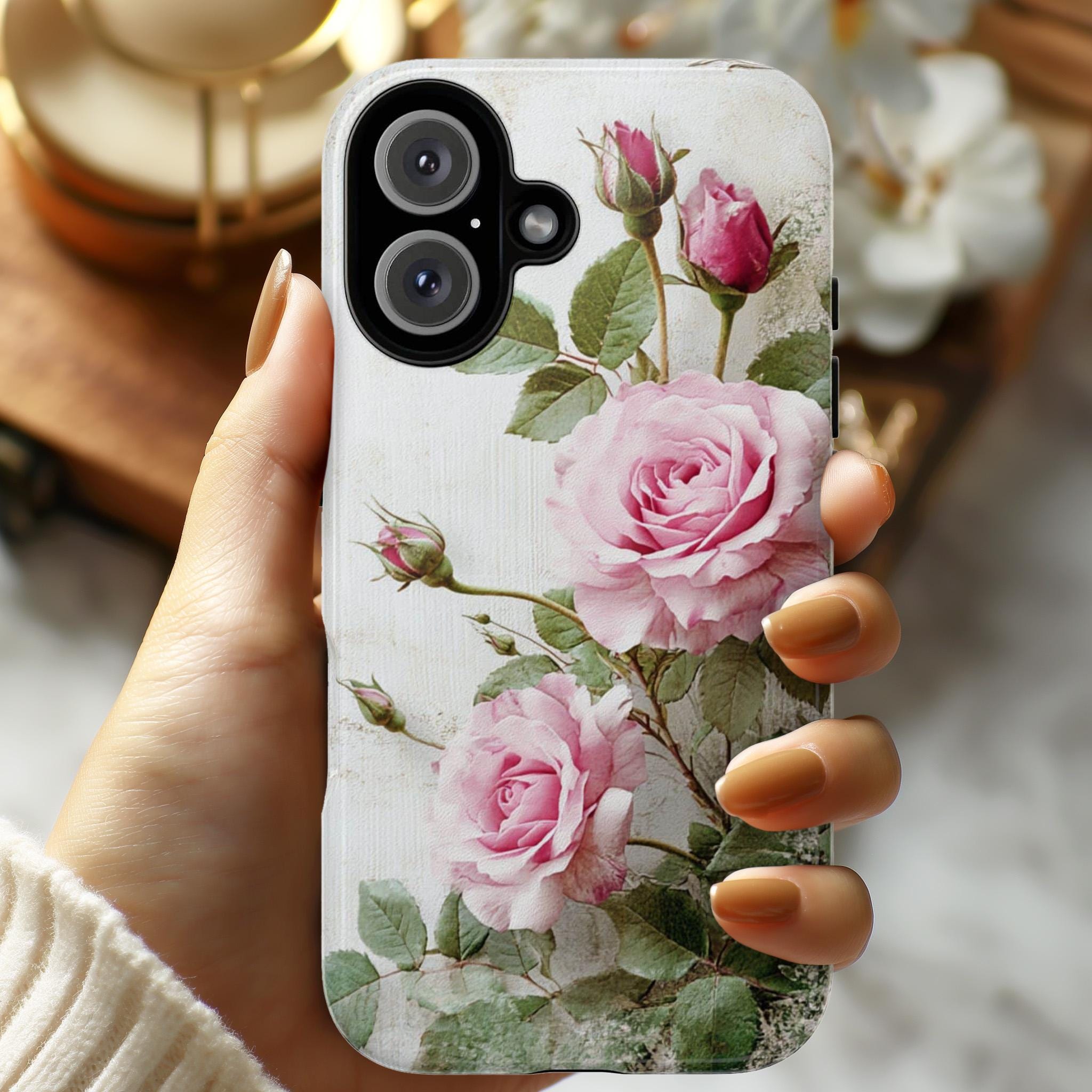 Vintage Style Phone Case with 3D effect Pink Roses, Romantic & Elegant Floral Soft Cover for iPhone Tough or Magsafe, Samsung, 476.7