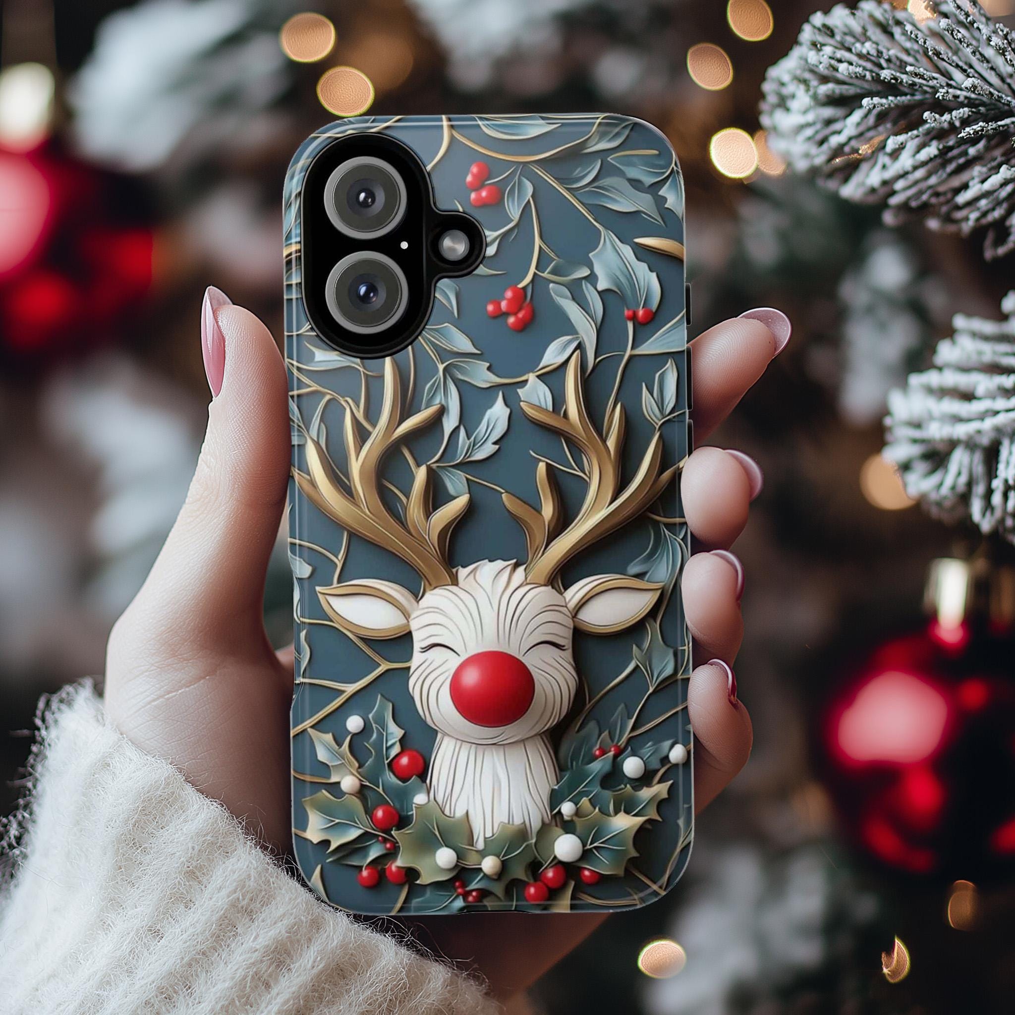 Rudolph Reindeer Phone Case, Festive Christmas Design, Cute Christmas Phone Cover, Xmas Gift for iPhone 16 15, Samsung Galaxy, 433.12
