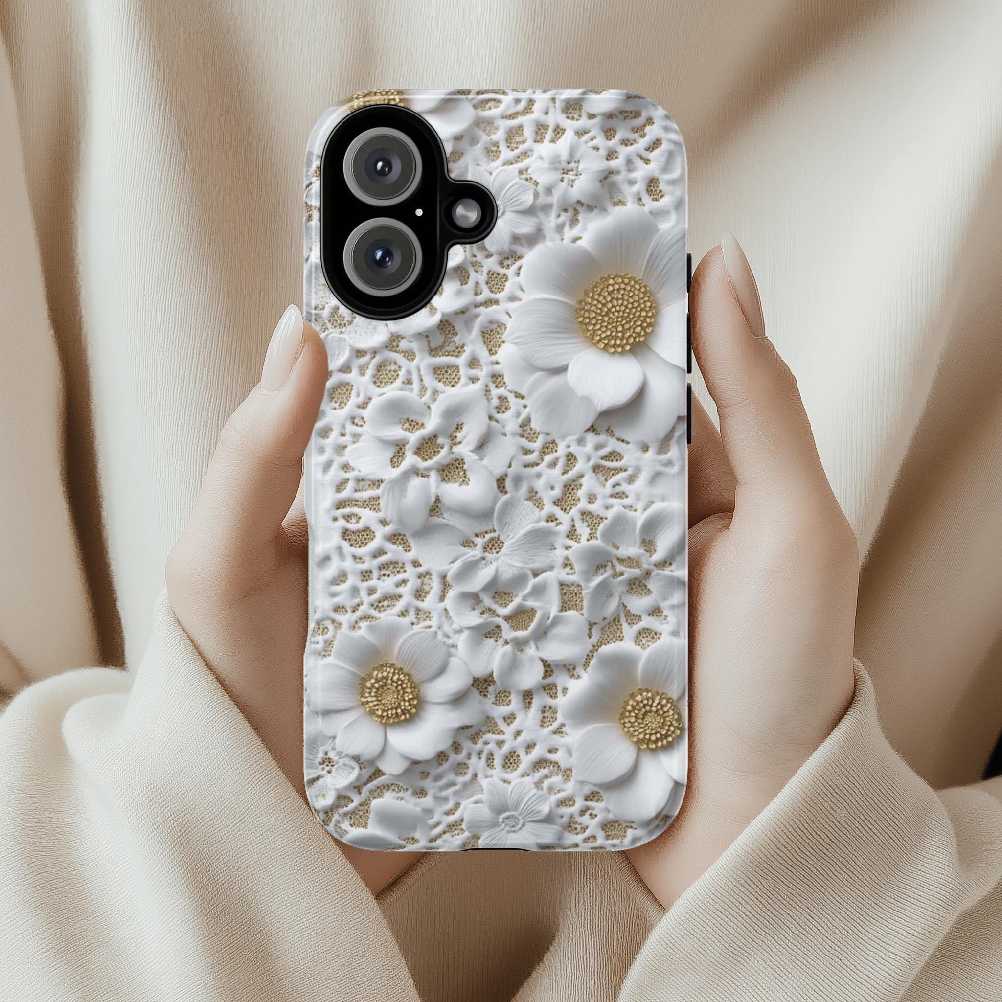 Elegant White Lace Floral Phone Case, Wedding Gift for Bride Cover, Bridal Accessory for iPhone 17 16 15 Tough or Magsafe, Samsung, 439.79