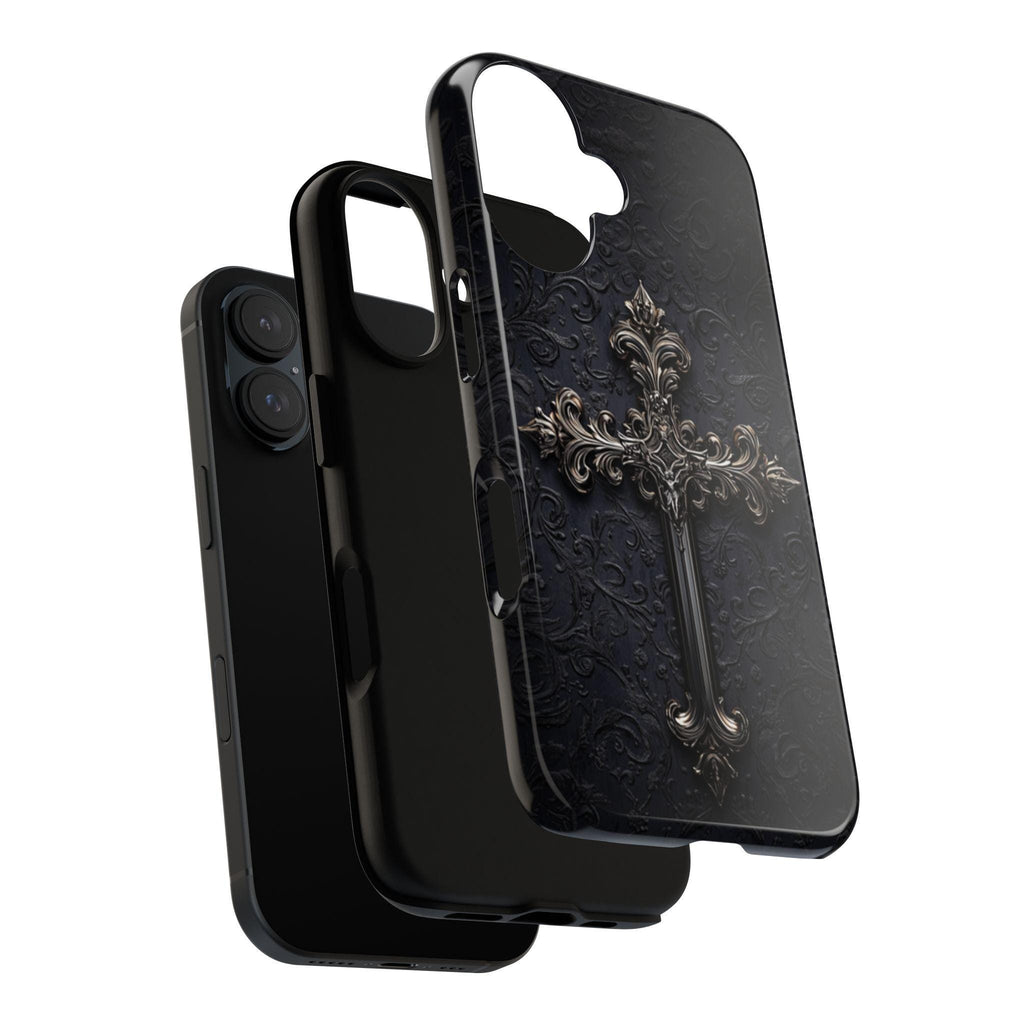 Dark Gothic Christian Cross Phone Case, Dark Academia Aesthetic Cover, Chrome 3D Design for iPhone 16 15 14 13 Magsafe, Samsung S25, 472.3