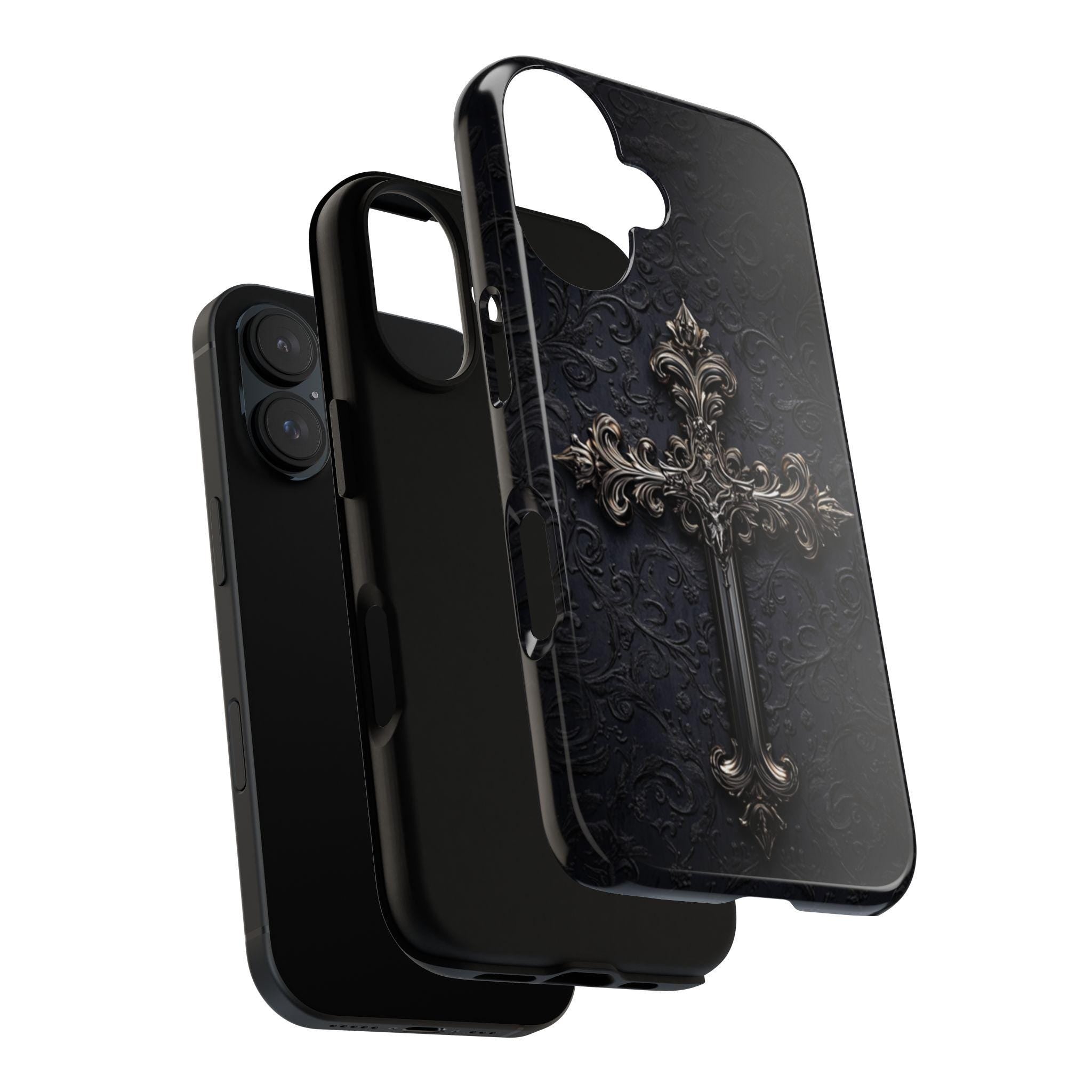 Dark Gothic Christian Cross Phone Case, Dark Academia Aesthetic Cover, Chrome 3D Design for iPhone 16 15 14 13 Magsafe, Samsung S25, 472.3