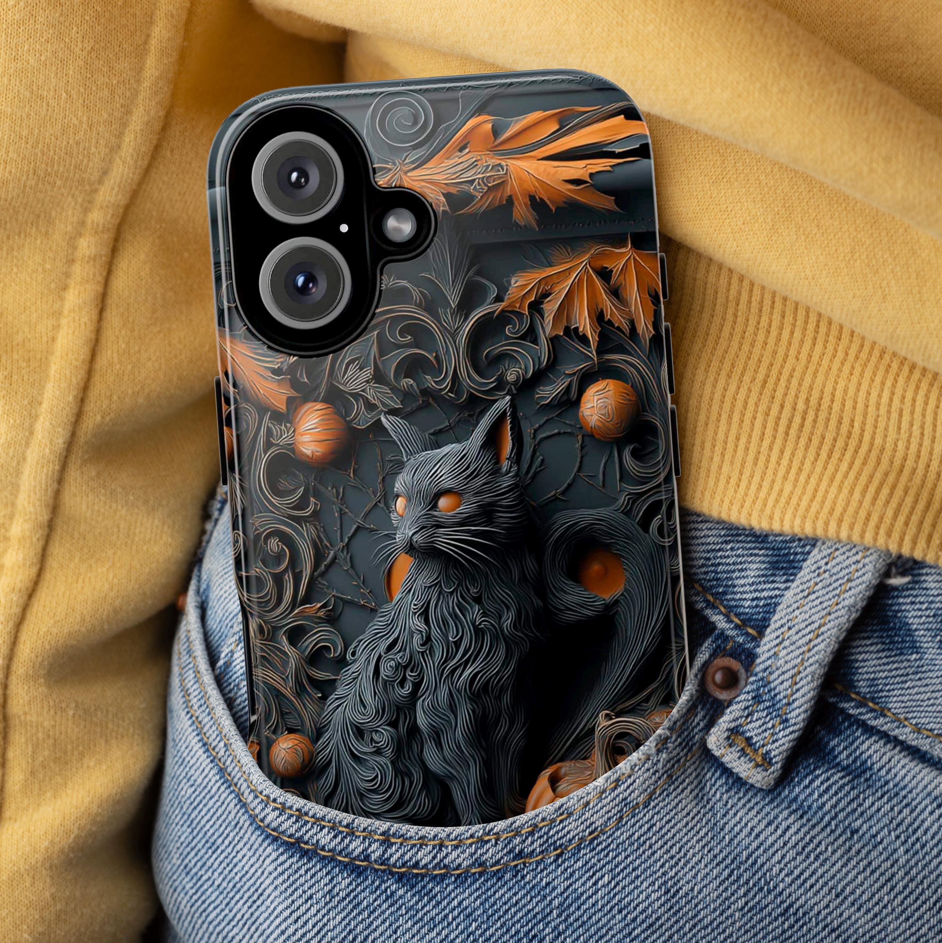 Black Cat & Pumpkin Phone Case, Halloween Fantasy Gothic Design, Spooky Artistic for iPhone 16 15 14 Tough or Magsafe, Samsung, 475.19