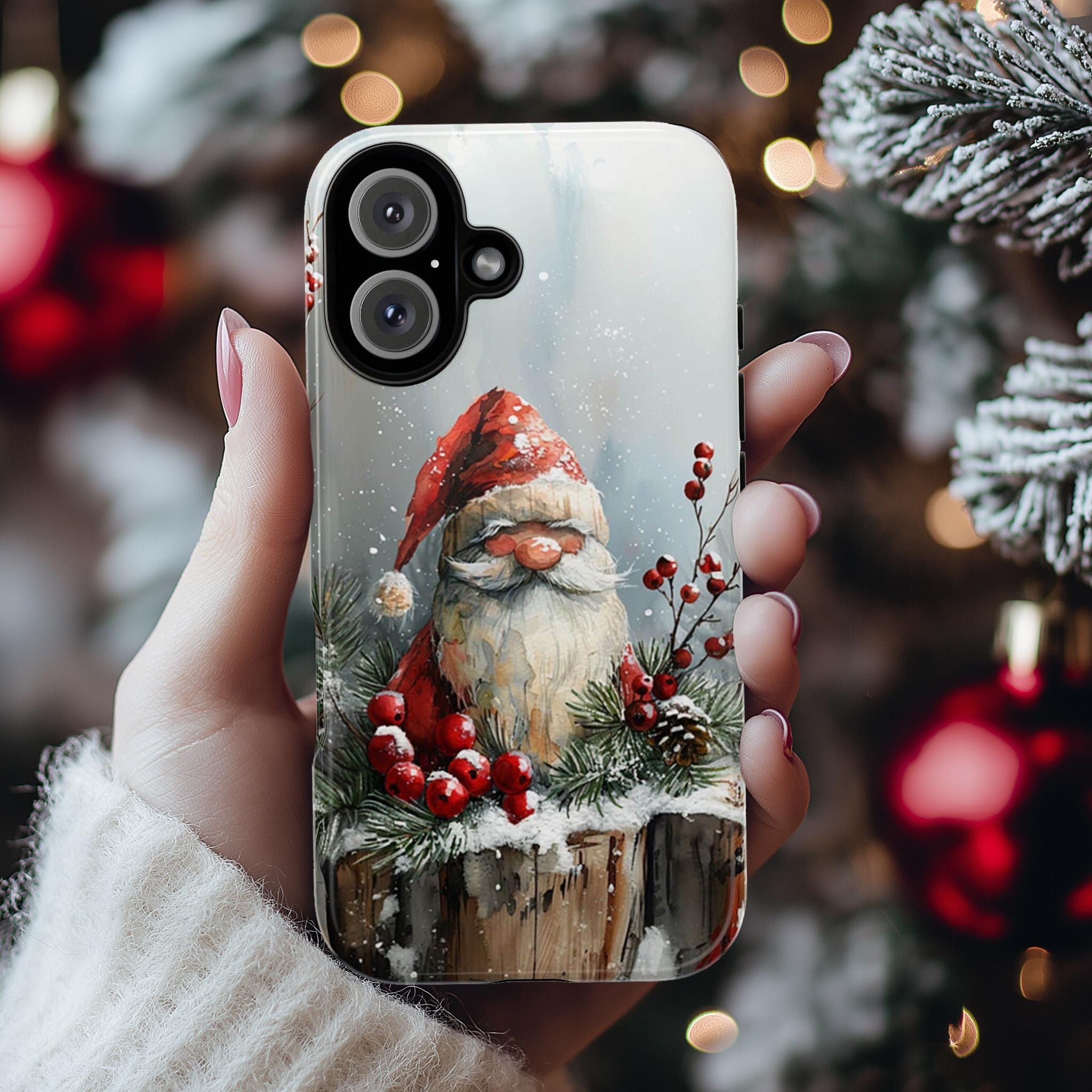 Cozy Watercolor Xmas Holiday Gnome Phone Case, Christmas Gnome & Snowy Winter Forest for iPhone 15 14 13 12 Pro Max Plus, Galaxy S25, 427.9