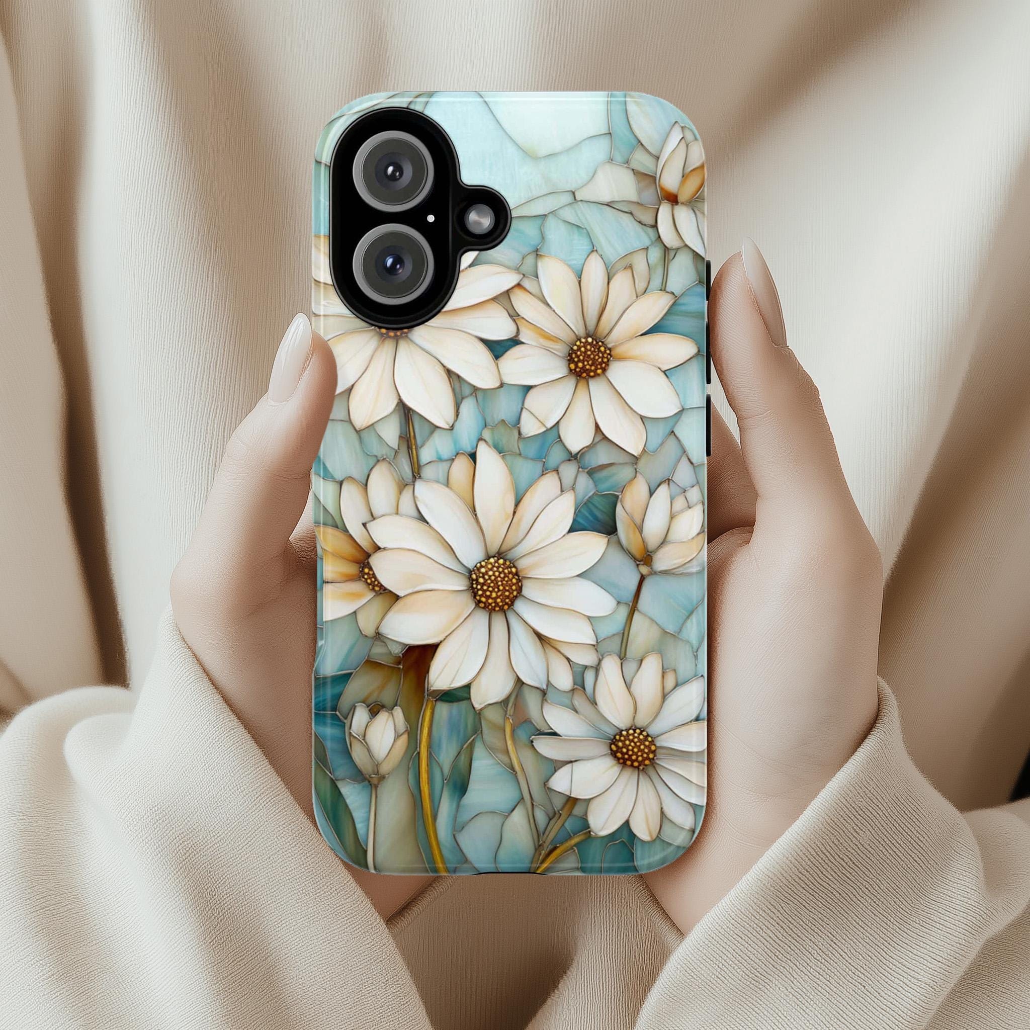 Stained Glass Daisy Floral Phone Case | Elegant Flower Design for iPhone 16 Tough or Magsafe 15 14 13 Plus Pro Max, Galaxy S25, 418.3