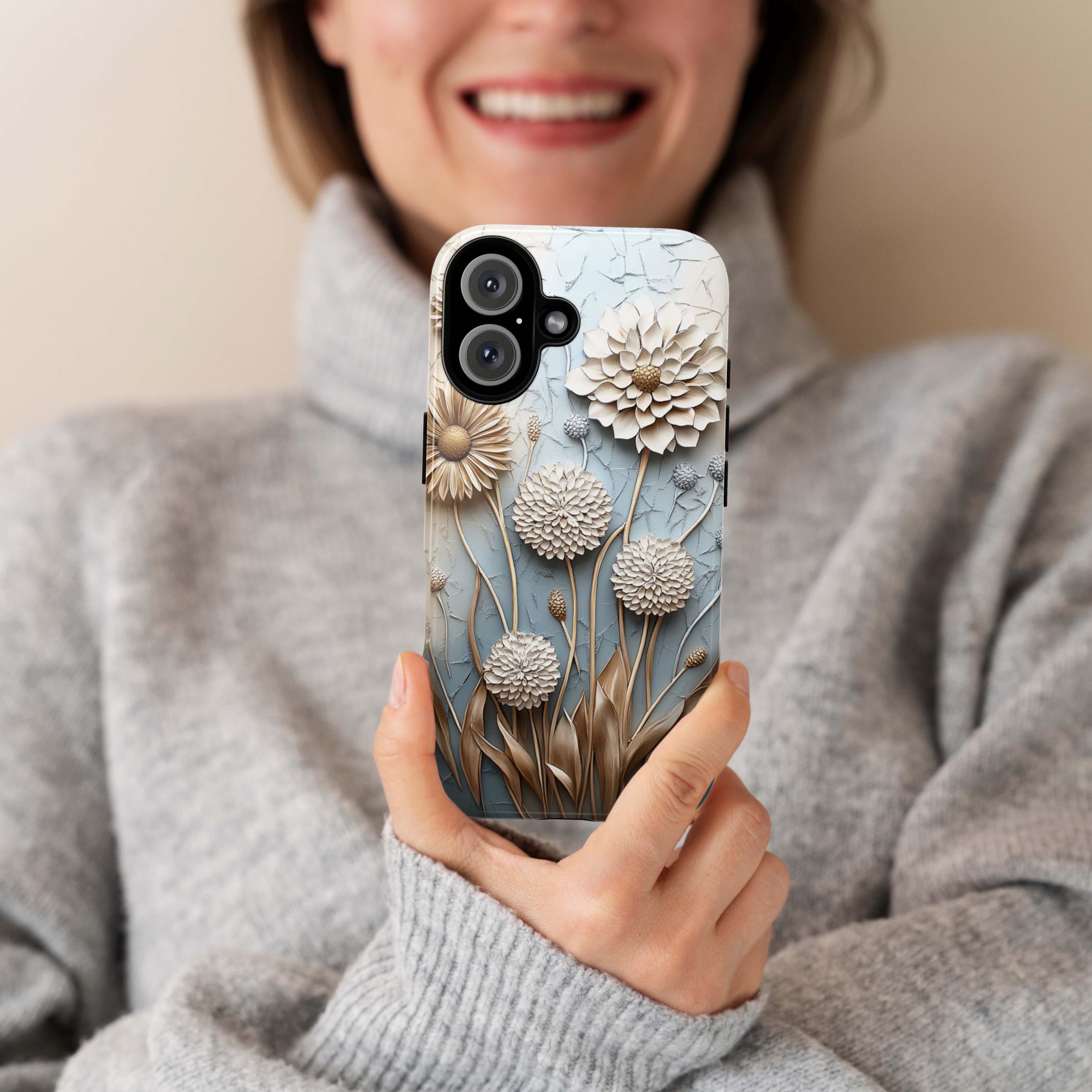 3D Art Pastel Florwers Phone Case, Delicate Floral Dandelion Design Phone Cover for iPhone 16 15 14 13 Magsafe, Samsung S25, 439.35