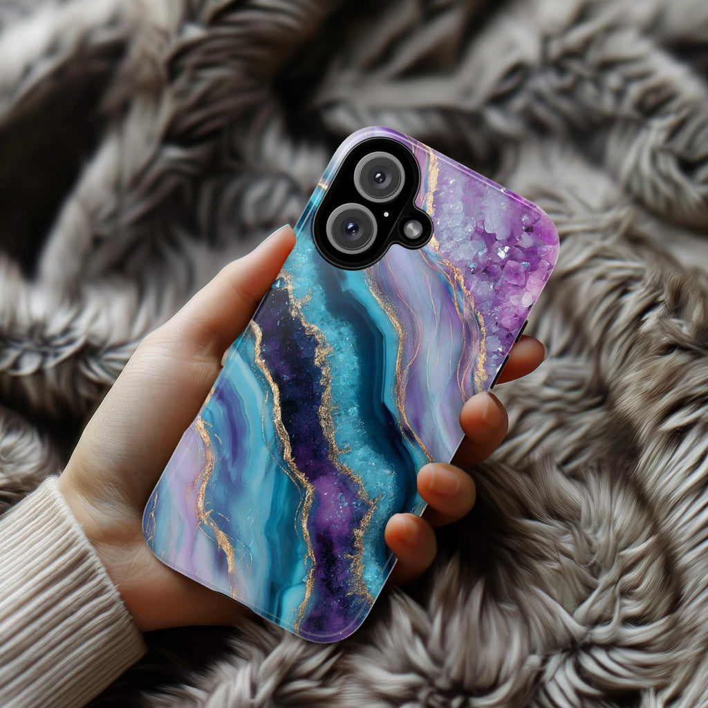 Crystal Wave Phone Case, Artistic Blue, Emerald & Pink Abstract Design Cover for iPhone 16 15 14 13 Tough or Magsafe, Samsung, 479.1