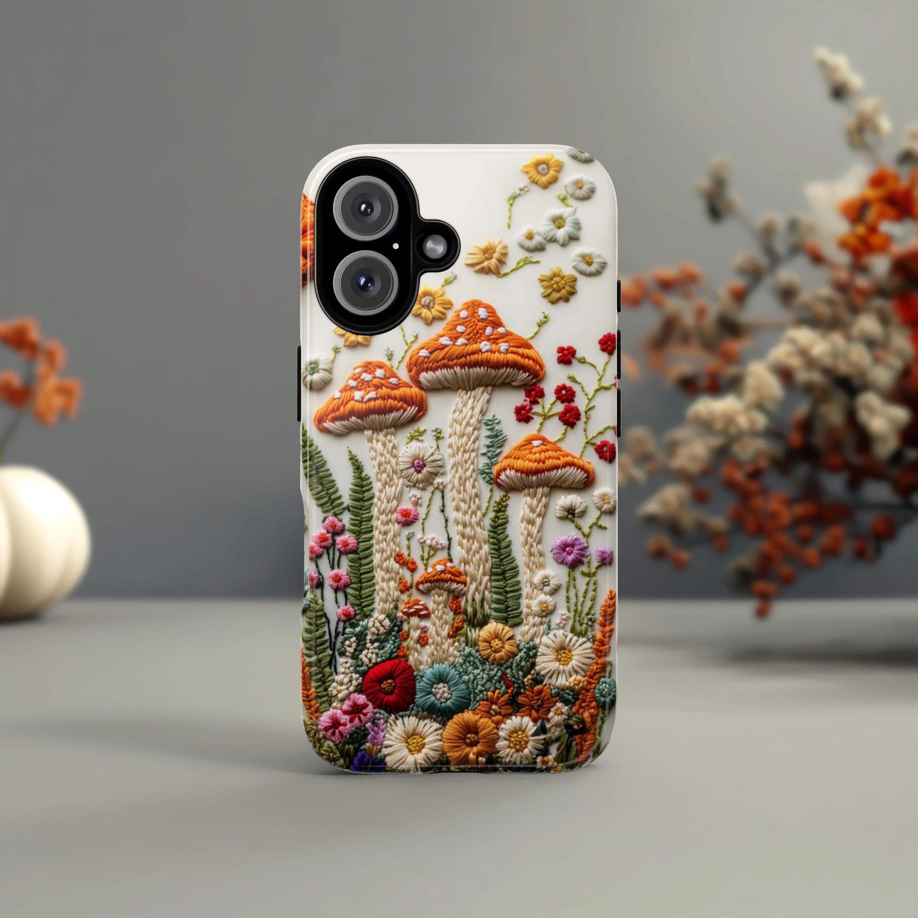 3D Embroidered Style Mushroom & Floral Phone Case, Forest Lover Gift, Woodland Case for iPhone 16 15 14 13 Magsafe, Samsung S25, 452.10