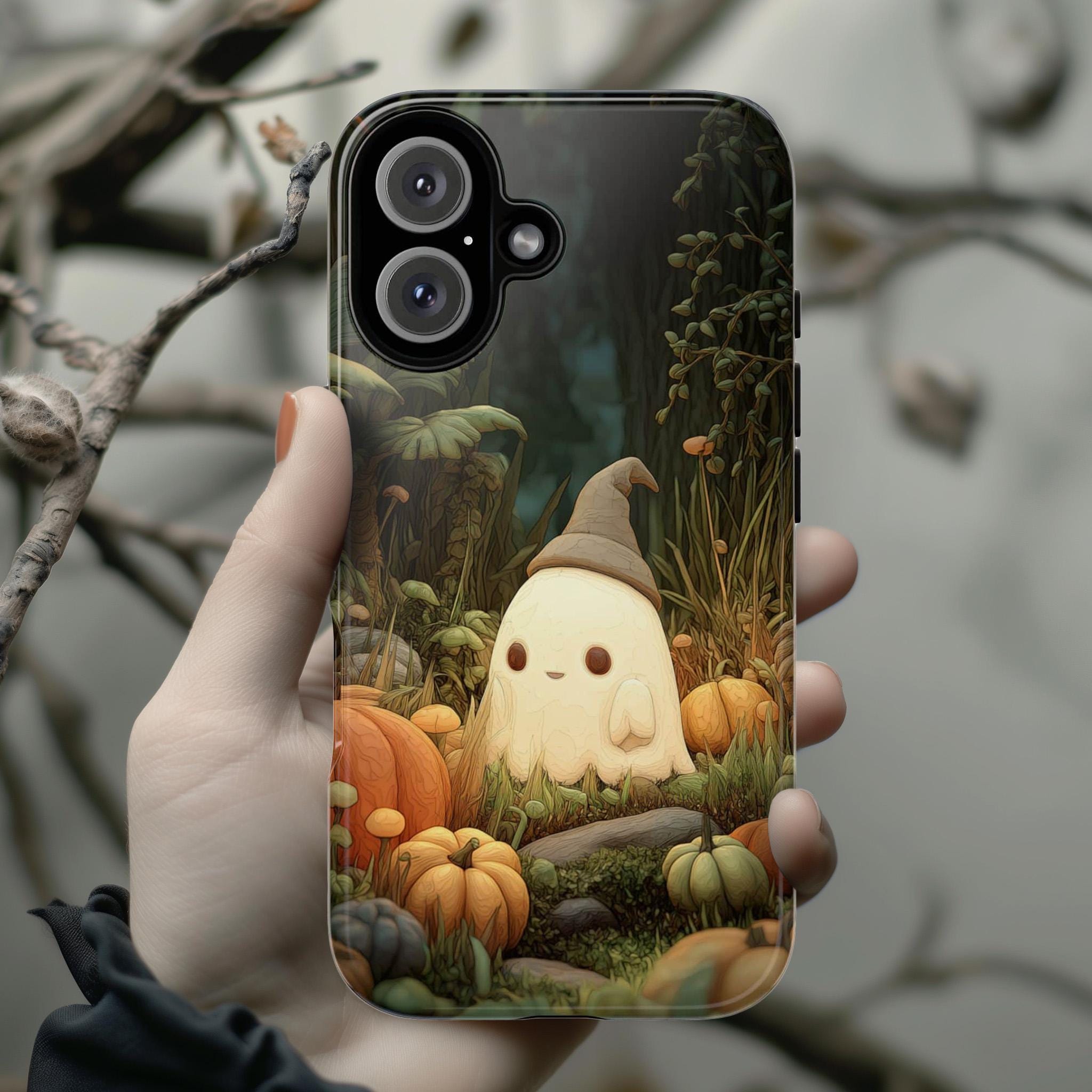 Fall Ghost Phone Case, Pumpkins & Forest Cover, Autumn Halloween Spooky Vibes for iPhone 16 15 14 Tough or Magsafe, Samsung, 475.12