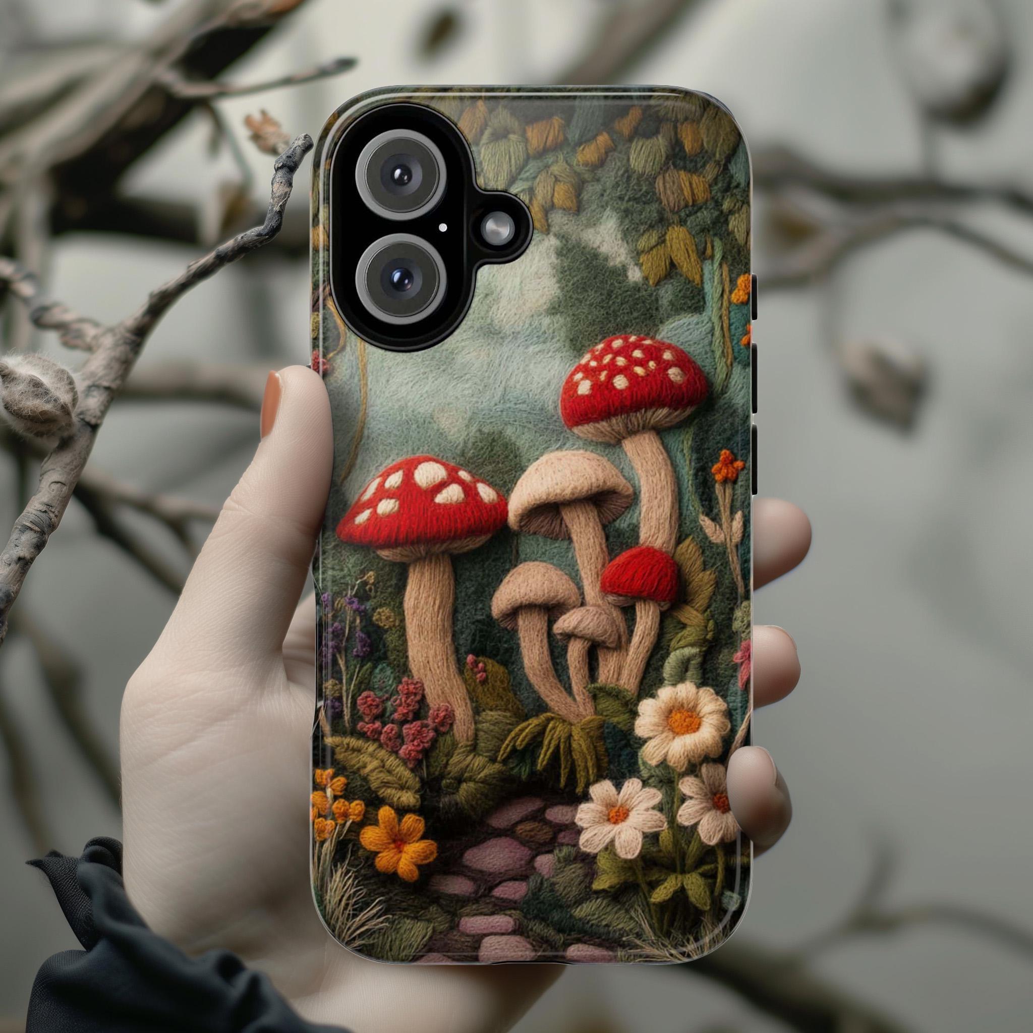 3D Felted Mushroom & Floral Cottagecore Phone Case, Forest Lover Gift, Woodland Case for iPhone 16 15 14 13 Magsafe, Samsung S25, 452.8