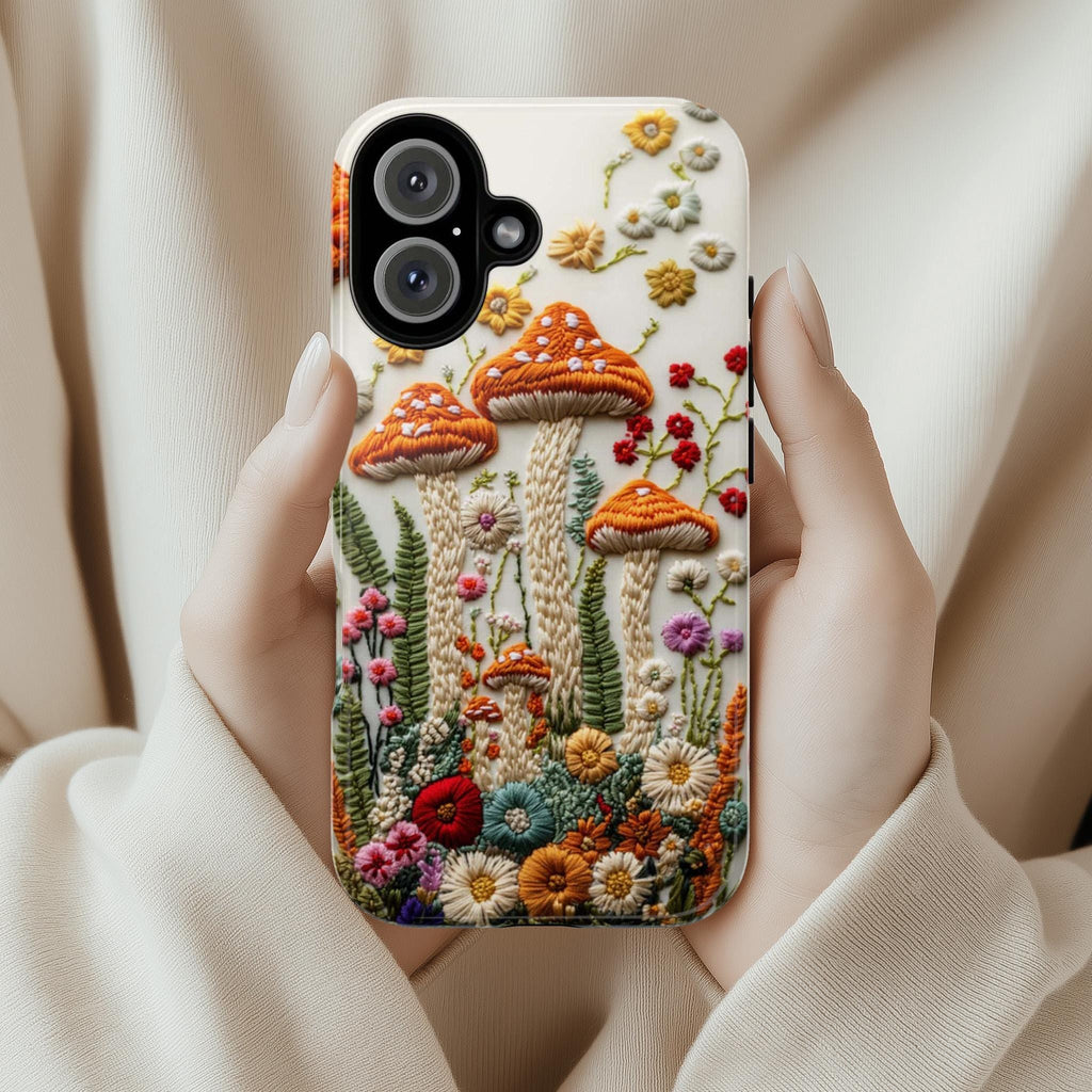 3D Embroidered Style Mushroom & Floral Phone Case, Forest Lover Gift, Woodland Case for iPhone 16 15 14 13 Magsafe, Samsung S25, 452.10