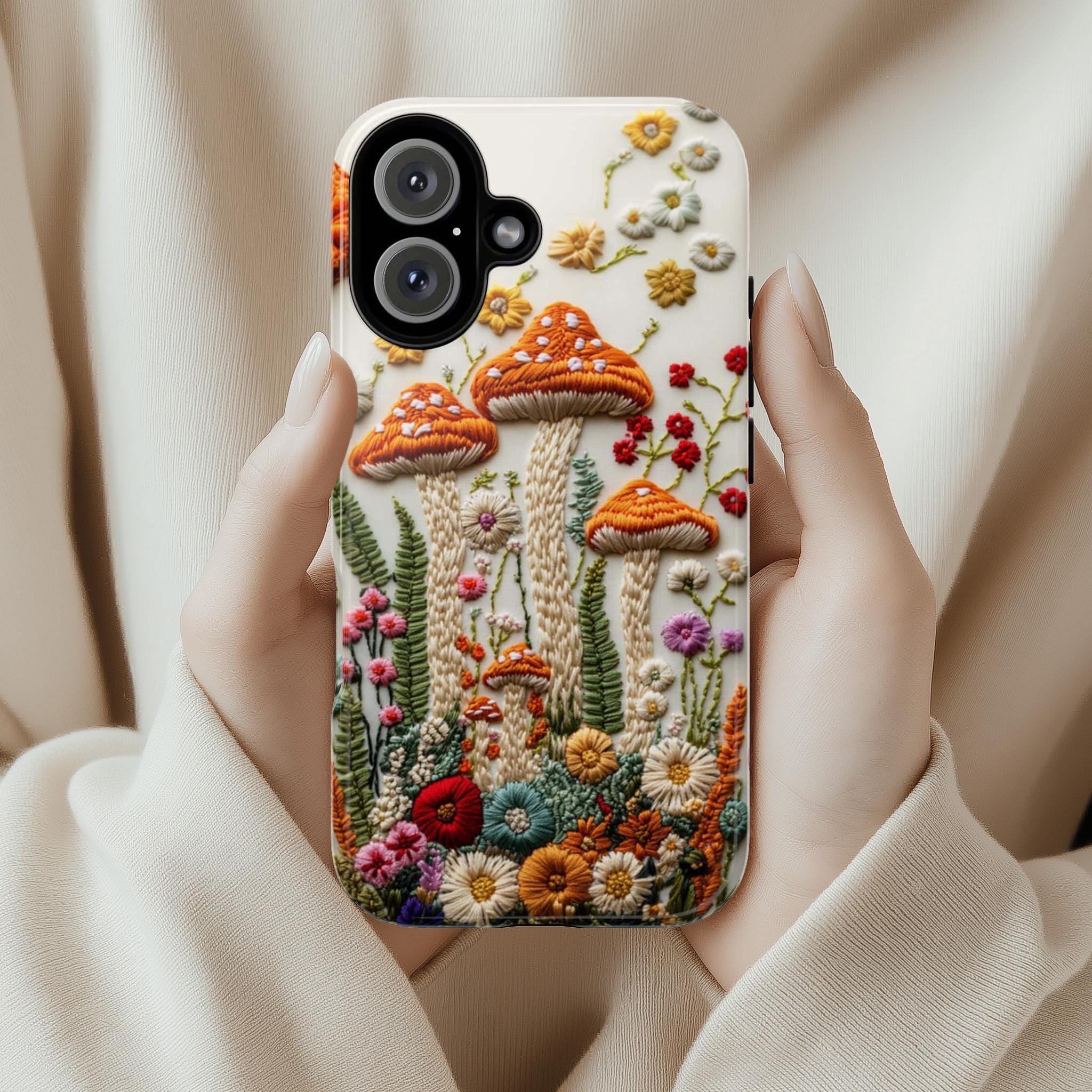 3D Embroidered Style Mushroom & Floral Phone Case, Forest Lover Gift, Woodland Case for iPhone 16 15 14 13 Magsafe, Samsung S25, 452.10