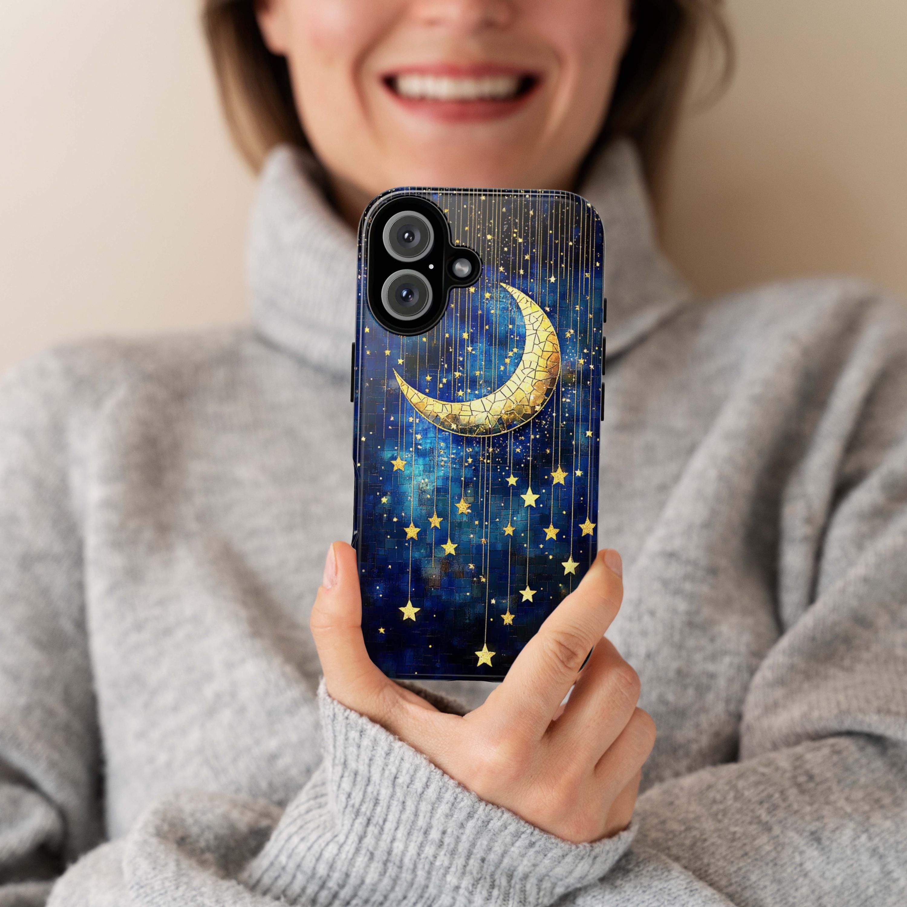 Satined Glass Golden Stars & Moon Phone Case, Night Galaxy Mosaic Design Phone Cover for iPhone 16 15 14 13 Magsafe, Samsung S25, 432.7