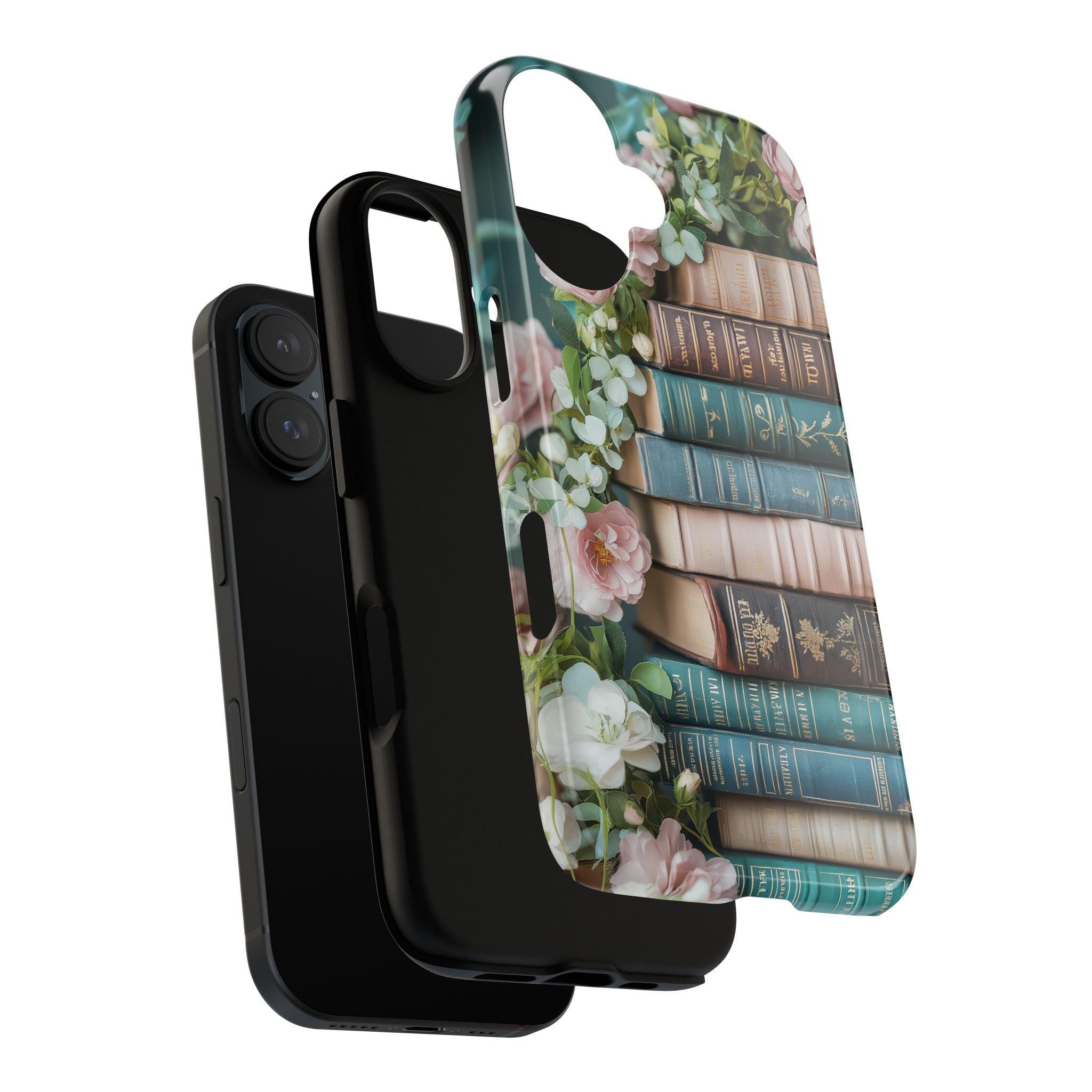 3D Books and Floral Phone Case, Pastel Literary Art Phone Case, Bookworms Gift Phone Cover for iPhone Magsafe, Samsung, 423.15