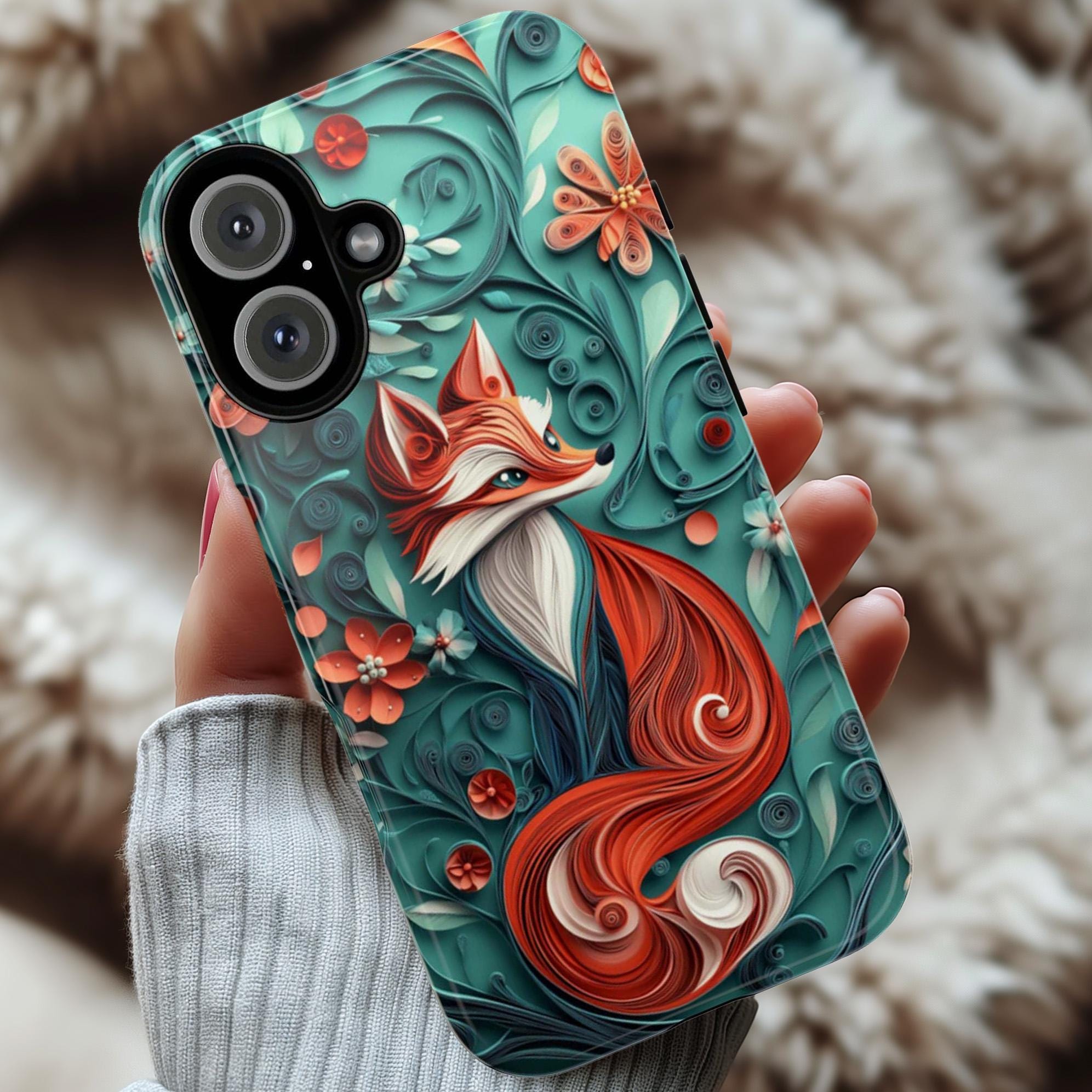 3D Fox and Floral Paper Art Phone Case, 3D effect Forest Phone Cove, Artistic Woodland Style Cover for iPhone Tough or MagSafe, 470.9