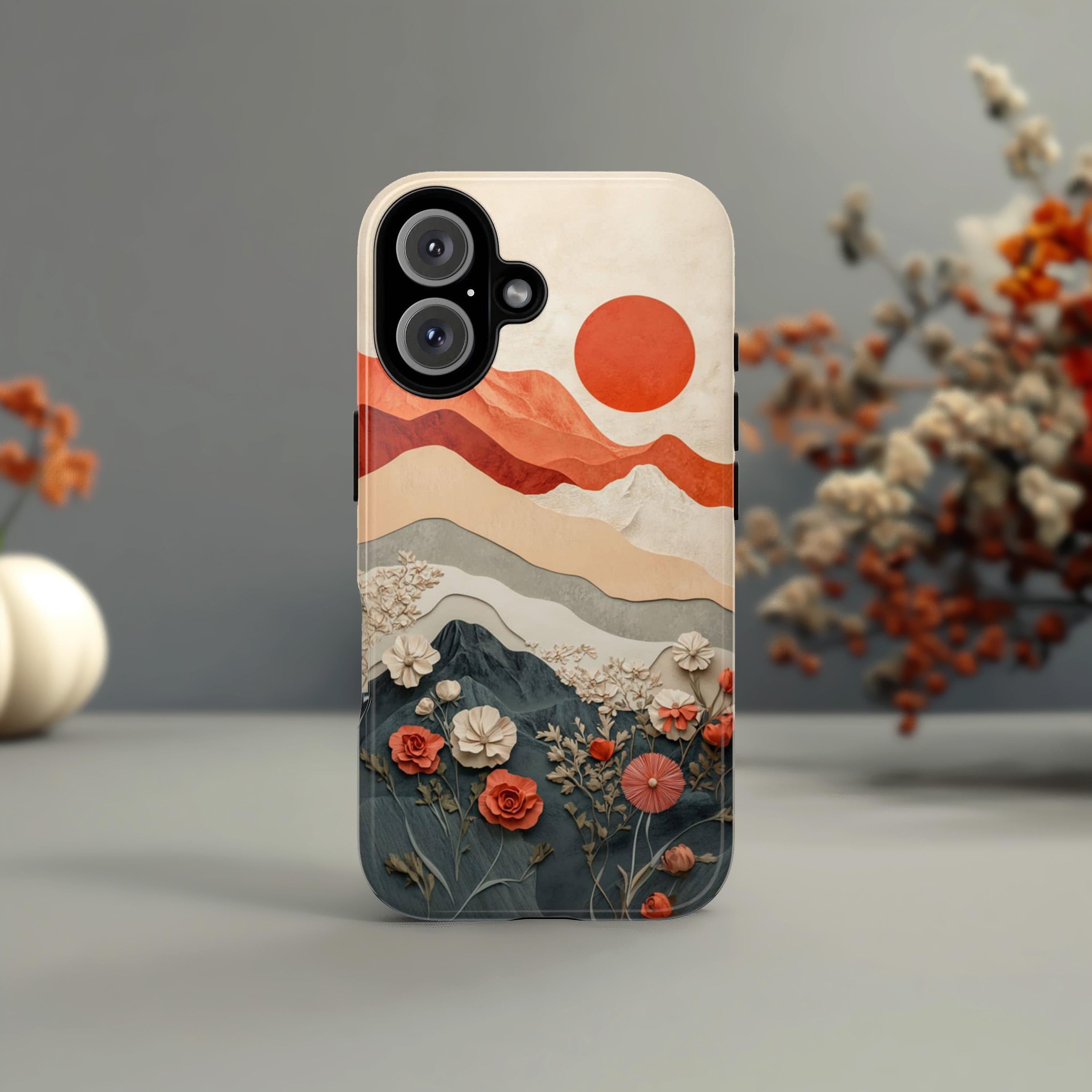 Paper Art effect Mountain Sunset & Floral Phone Case, Nature Landscape Lover Phone Cover for iPhone Tough or MagSafe, Samsung, 473.8