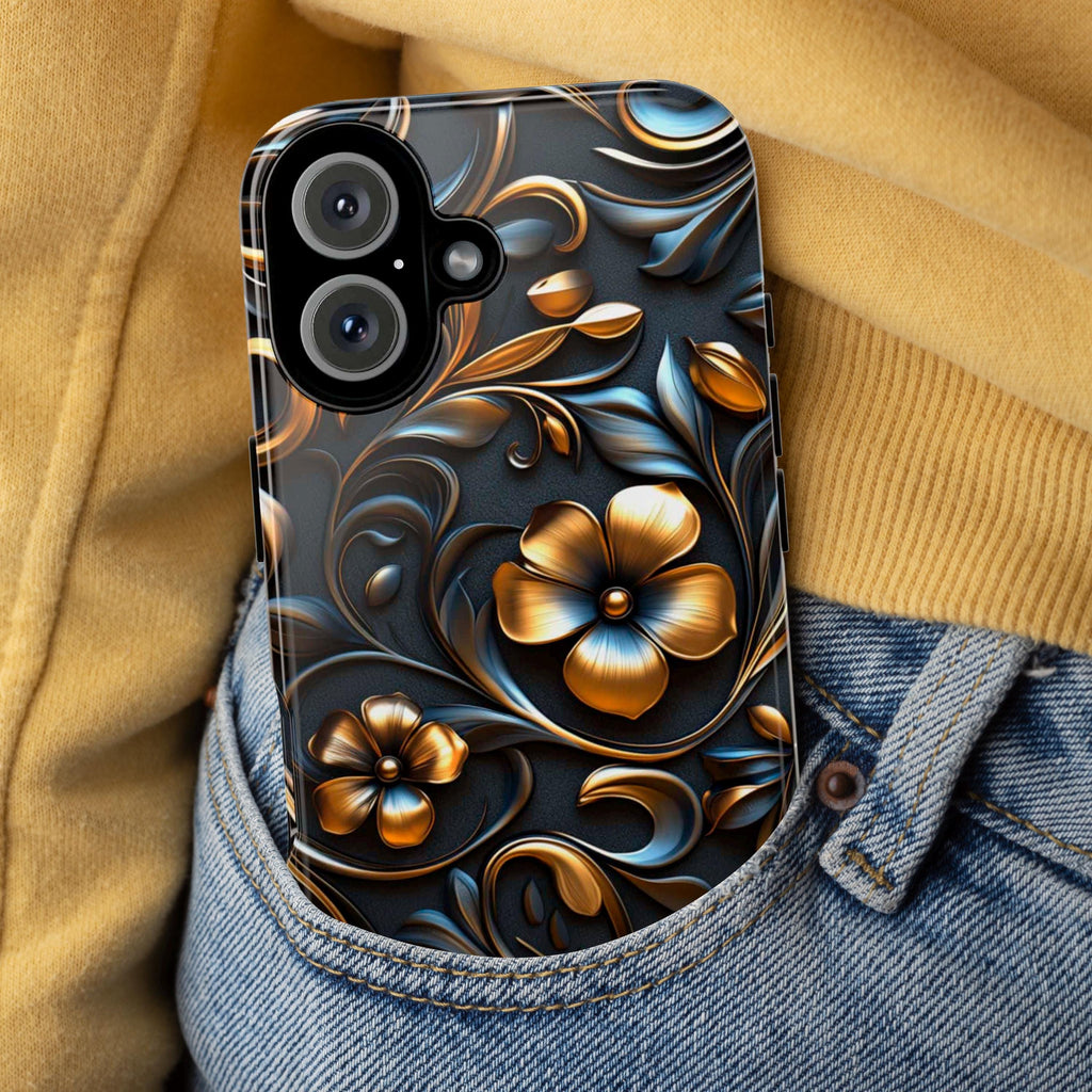 3D Gothic Gold Black Floral Phone Case - Dark Night Flowers Case fit for iPhone 16 Pro Max 15 14 13 12 Plus, Samsung S25 Ultra Plus, 428.1