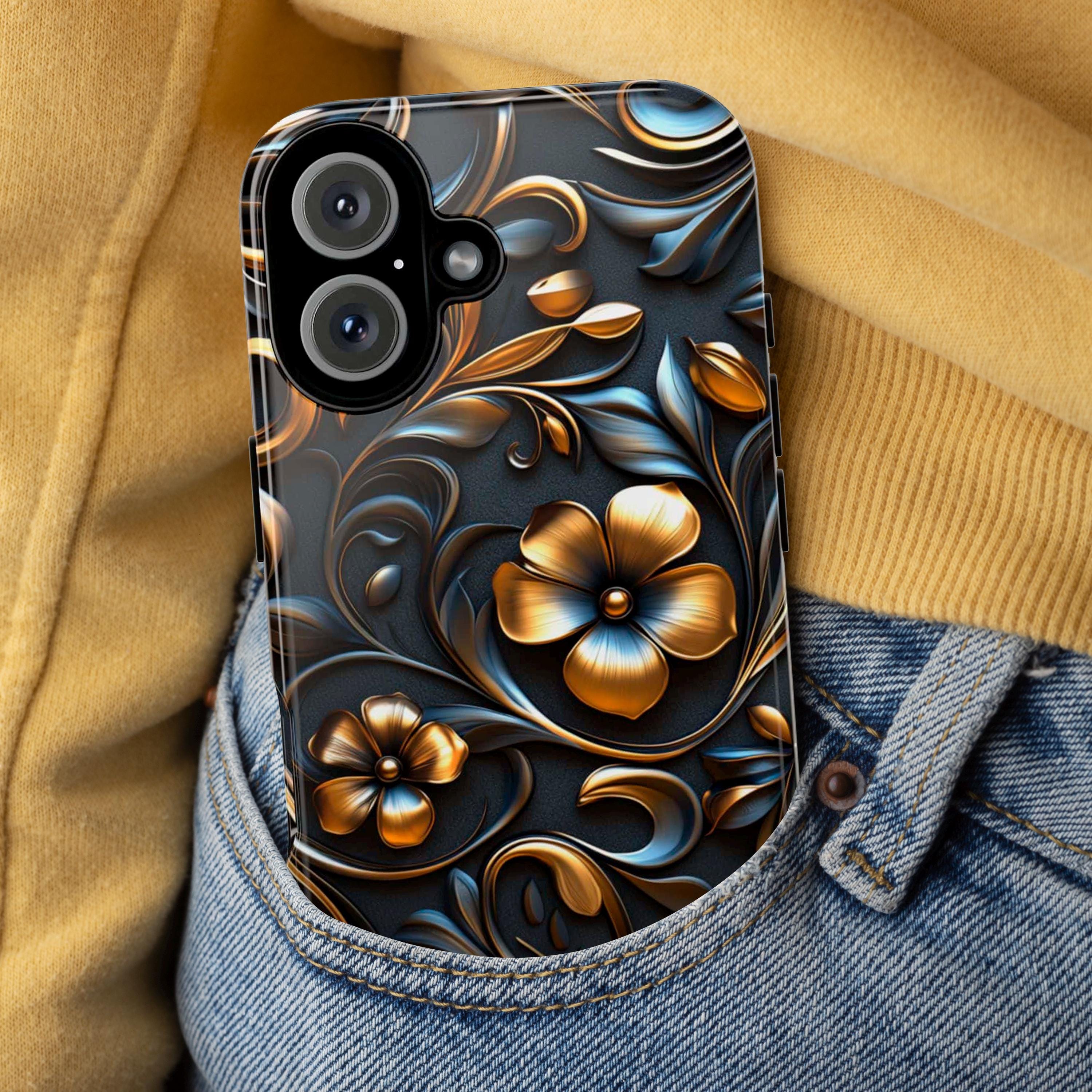 3D Gothic Gold Black Floral Phone Case - Dark Night Flowers Case fit for iPhone 16 Pro Max 15 14 13 12 Plus, Samsung S25 Ultra Plus, 428.1