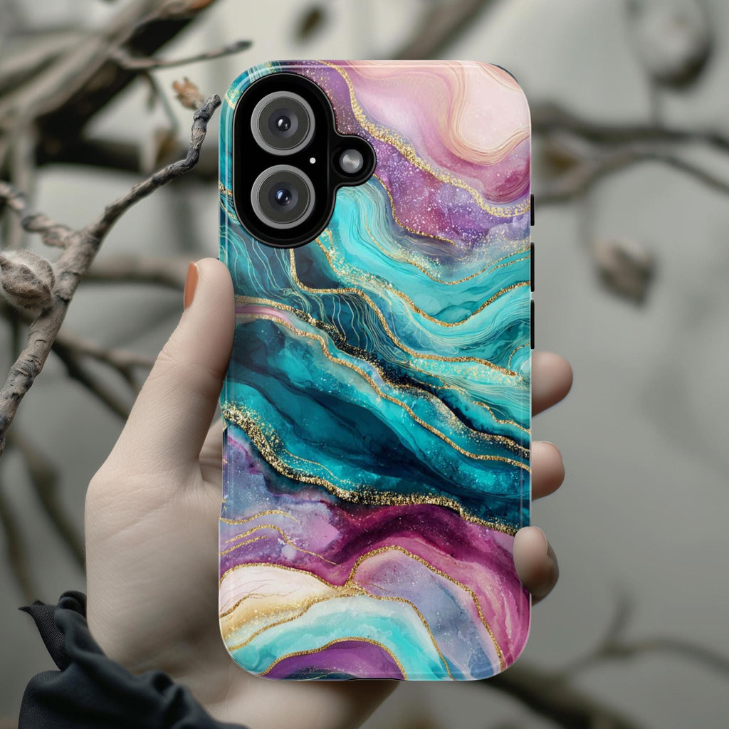 Pink Teal Bold Marble with Gold effect Phone Case, Stylish Protective Cover for iPhone and Android, Chic Modern Aesthetic Accessory, 479.2