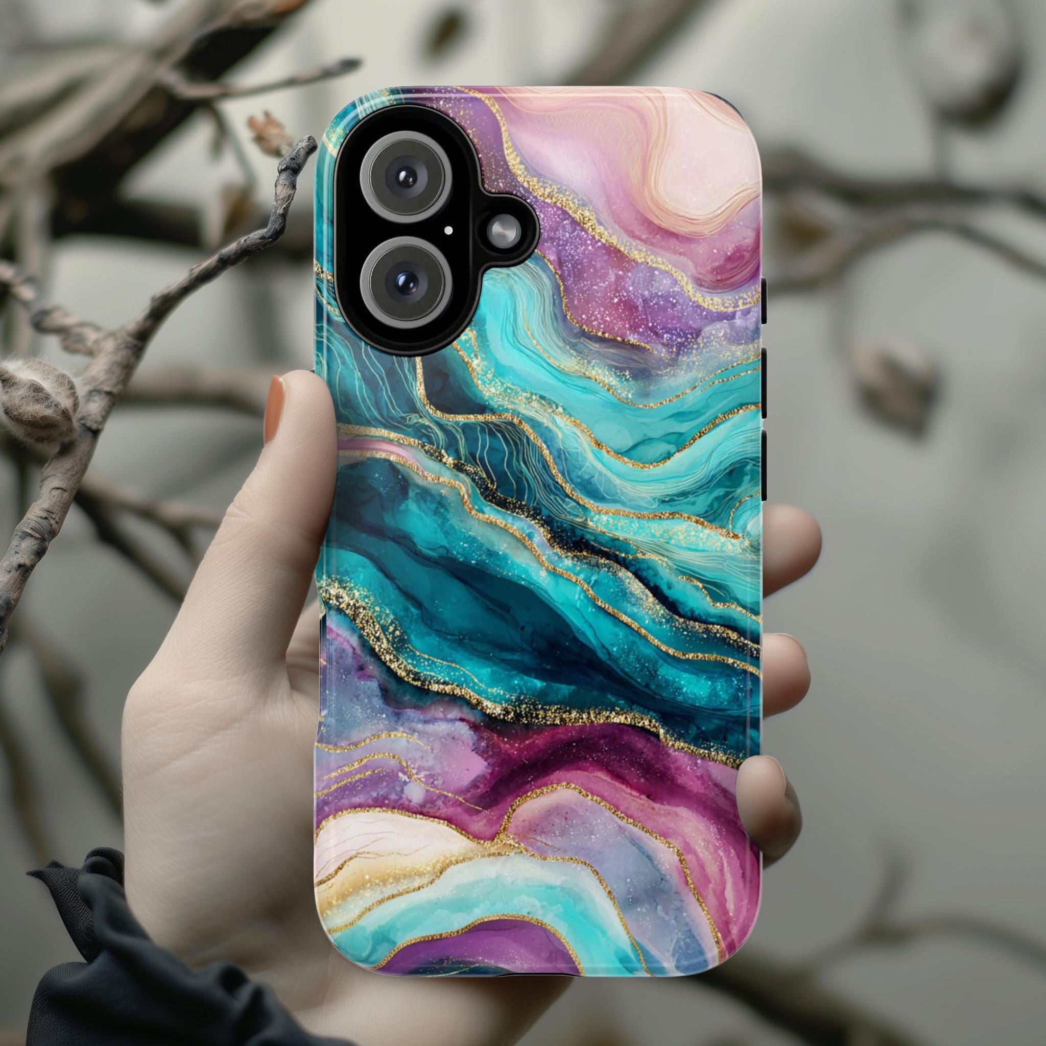 Pink Teal Bold Marble with Gold effect Phone Case, Stylish Protective Cover for iPhone and Android, Chic Modern Aesthetic Accessory, 479.2