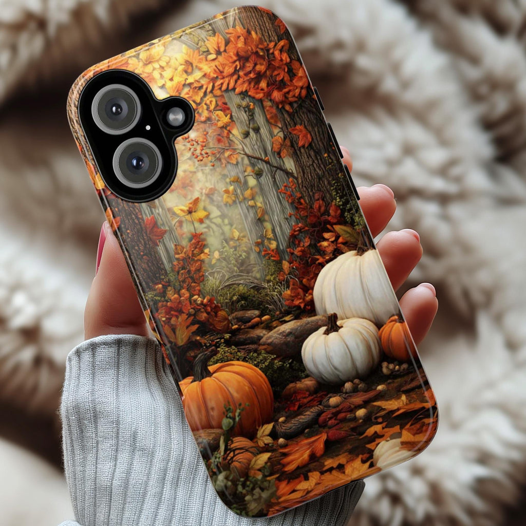 Autumn Forest Pumpkin Phone Case with Fall Leaves Design, Thanksgiving Phone Cover for iPhone 16 15 Tough or Magsafe, Samsung, 475.23