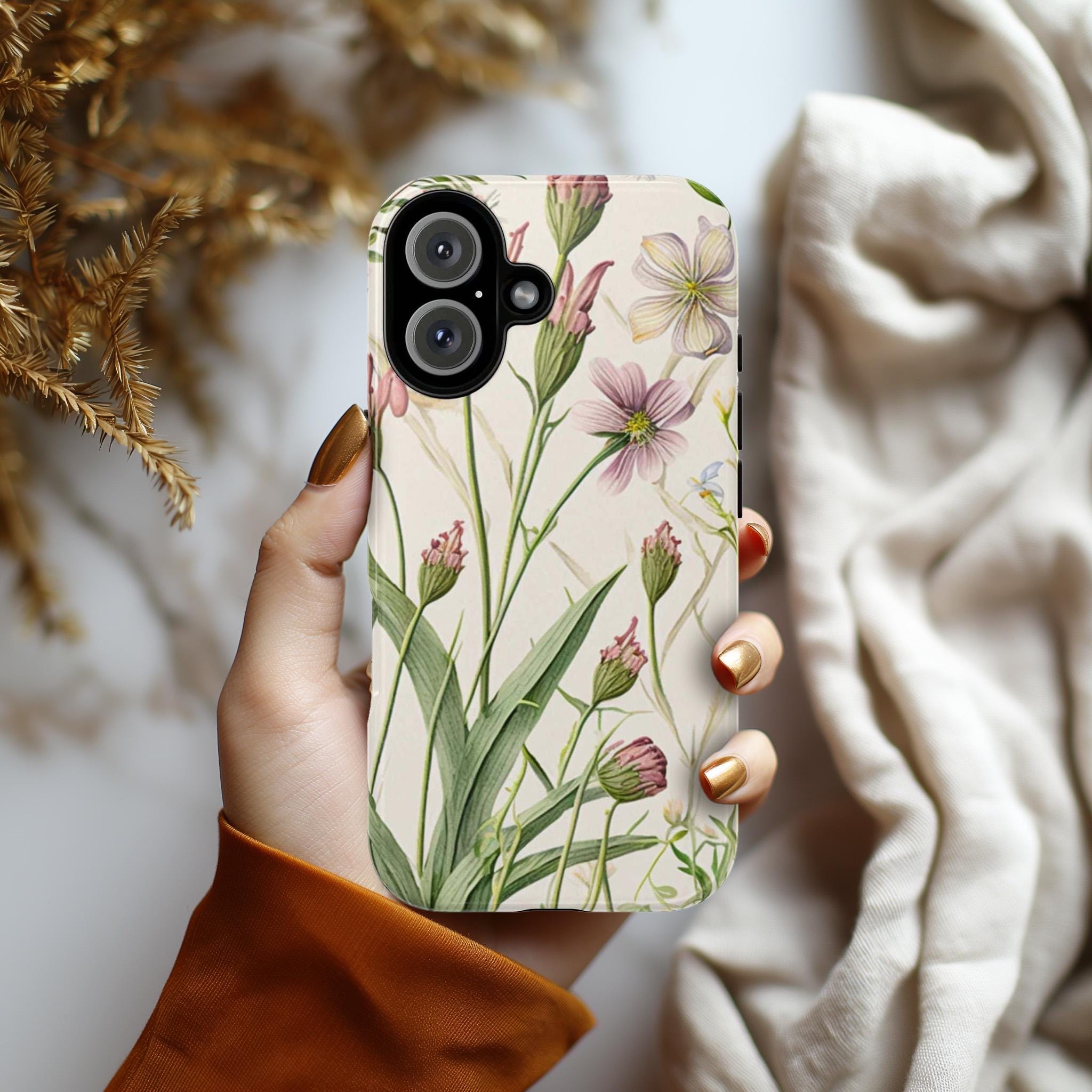 Botanical Floral Phone Case, Wild Flowers Spring Vibes Phone Cover with Ghost Leaves for iPhone 16 15 Pro Max Plus/Samsung S25, 0014.4
