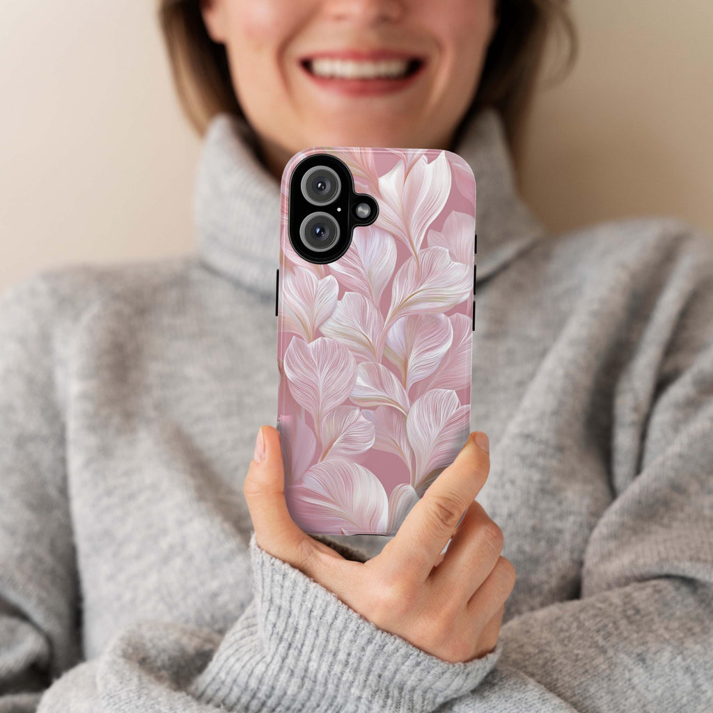 Elegant 3D Pastel Leaves Phone Case in Pale Pink | Stylish Nature Floral Phone Cover for iPhone 16 15 Tough or Magsafe, Samsung, 476.35