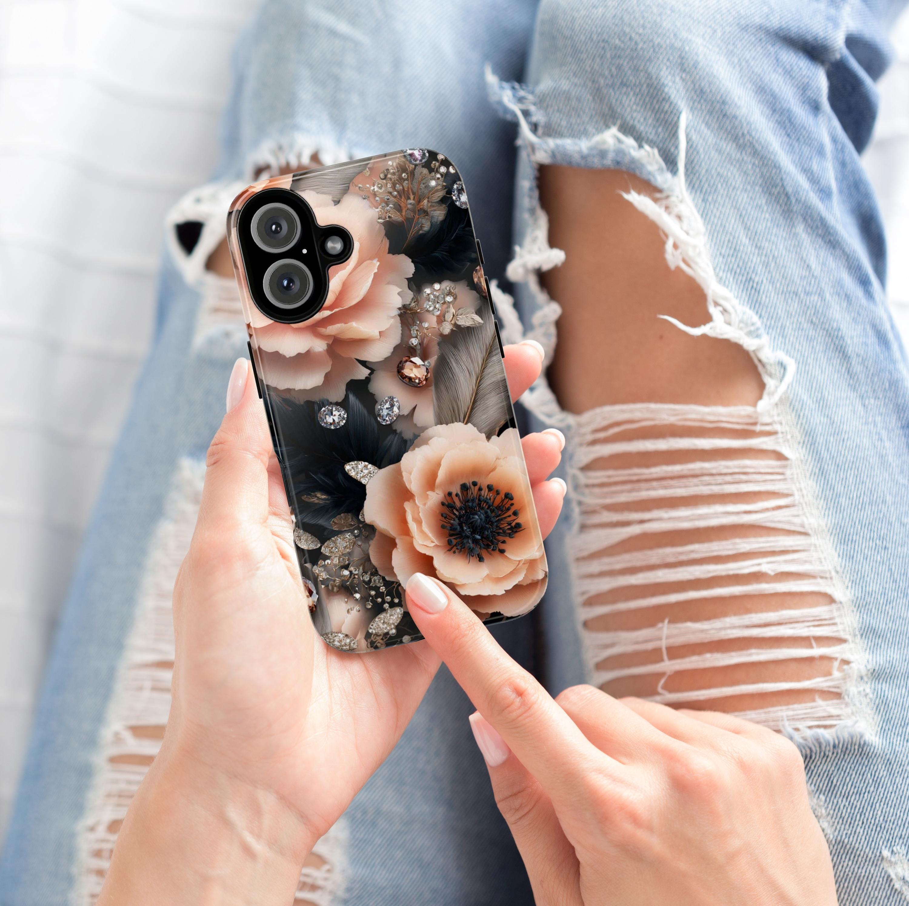 Luxury Anemone Flower Phone Case, Stylish Crystal Accents Rose Floral Design Cover for iPhone 16 15 Tough or Magsafe, Samsung, 476.27