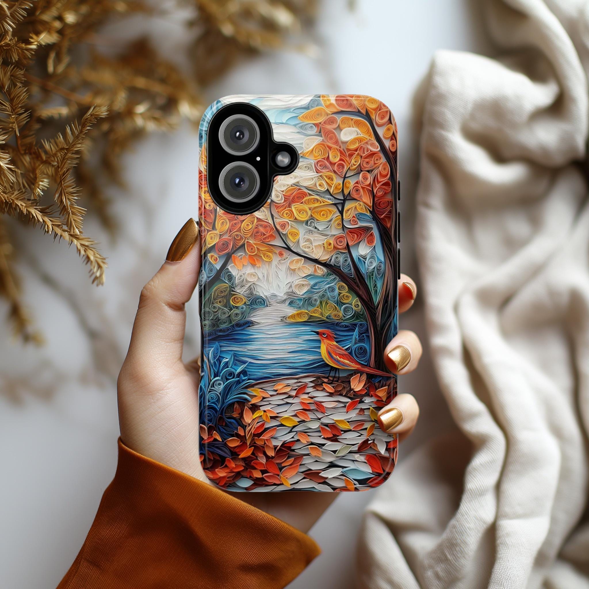 3D Paper Art Forest Bird Phone Case, Handmade Woodland Landscape Phone Cove, Nature Tree Scene Protective Case for Bird Lovers, 470.4