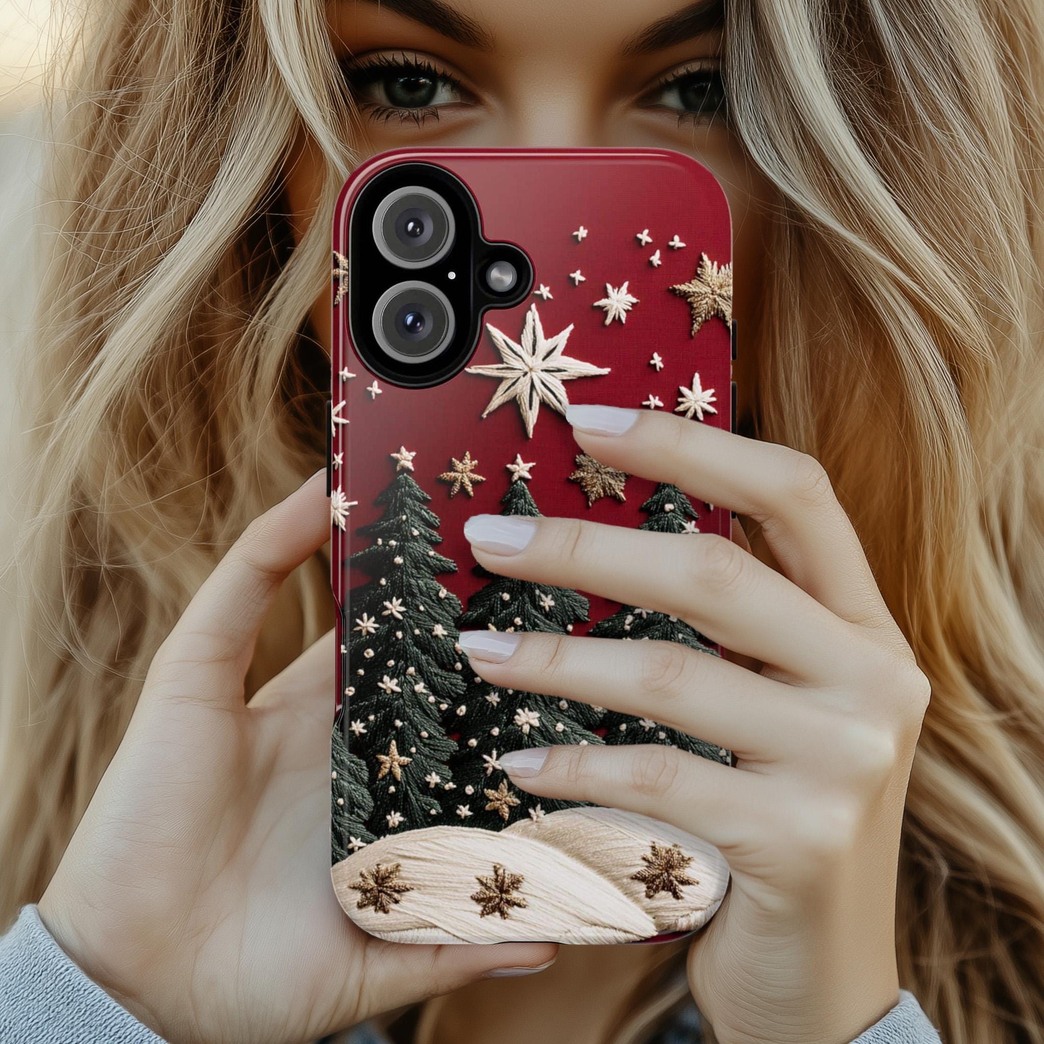 Christmas Tree and Star 3D Embroidered effect Winter Phone Case, Festive Holiday Design,  for iPhone 16 15 14 13 Magsafe, Samsung S25, 444.2