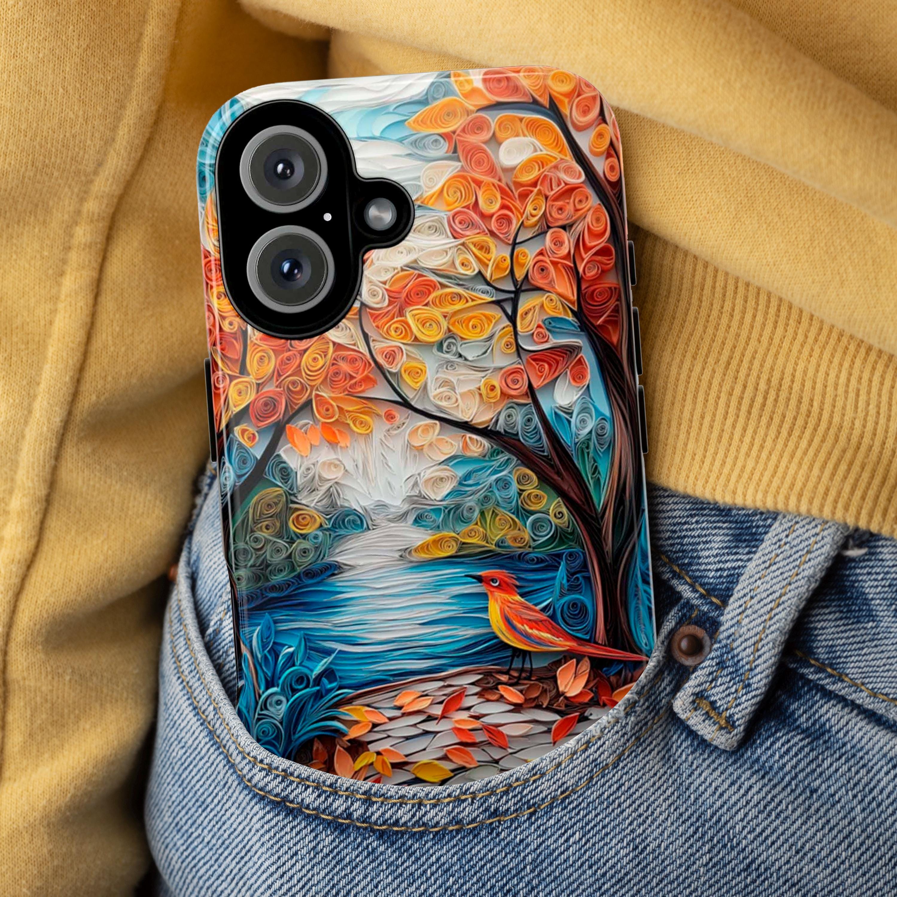 3D Paper Art Forest Bird Phone Case, Handmade Woodland Landscape Phone Cove, Nature Tree Scene Protective Case for Bird Lovers, 470.4