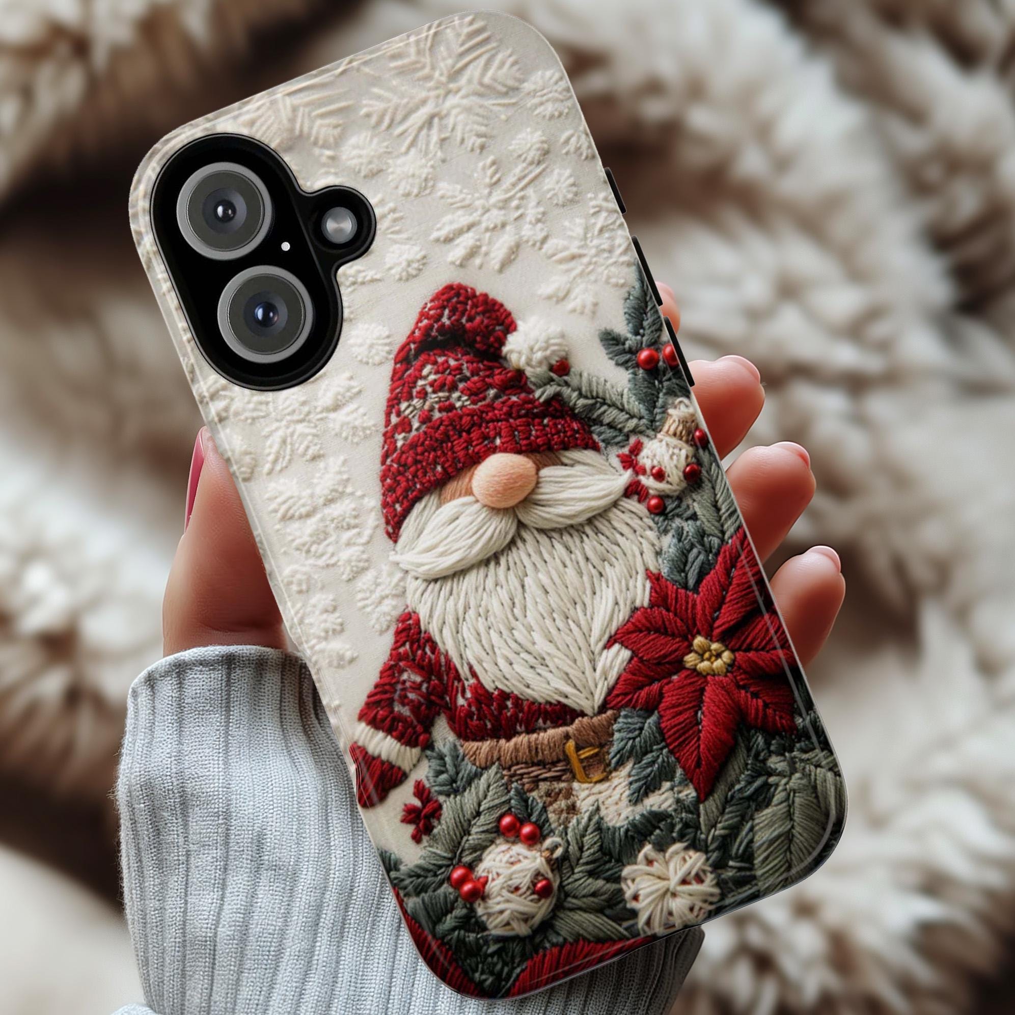 Christmas Gnome Phone Case, Poinsettia Florals Festive Holiday Gnome Design Snow Cover for iPhone 17 16 15 Tough or Magsafe, Samsung, 444.8