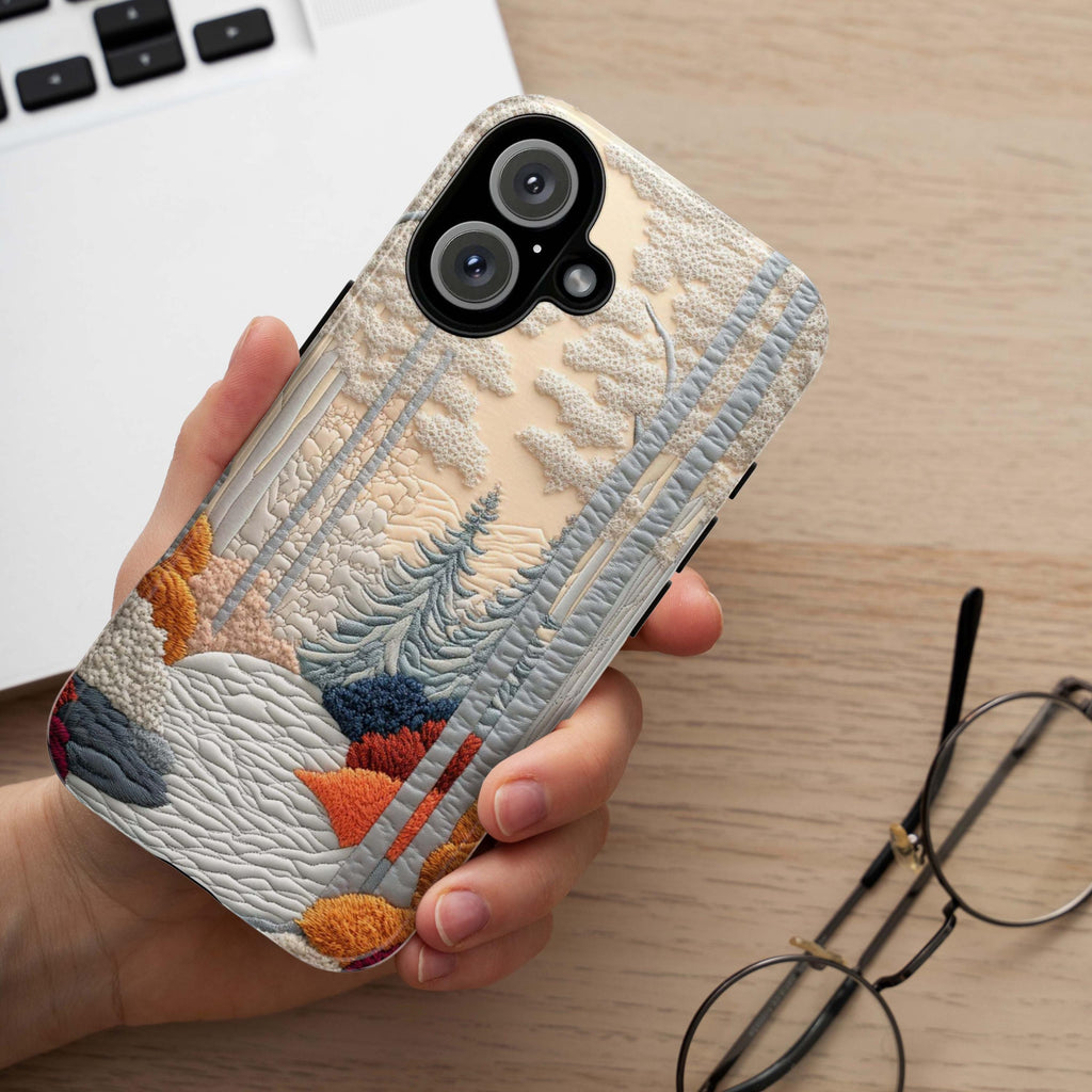 3D Embroidered Look Phone Case with Raised Forest and Winter Landscape Design, Textured Nature Scene Cover for iPhone, Samsung, 453.12