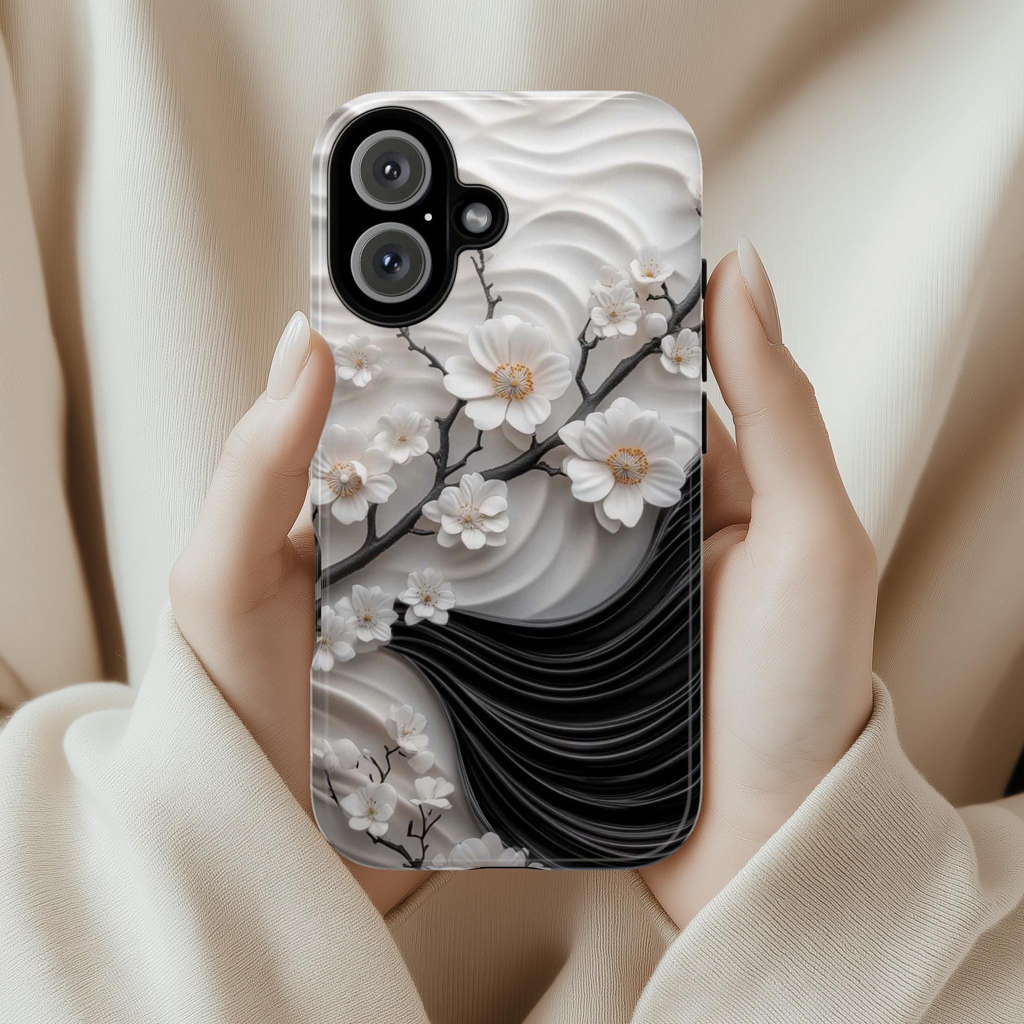 Cherry Blossom 3D Elegant Phone Case, Black White Japanese Art Cover, Floral Sakura Case for iPhone 16 15 14 13, Samsung S25, 469.1