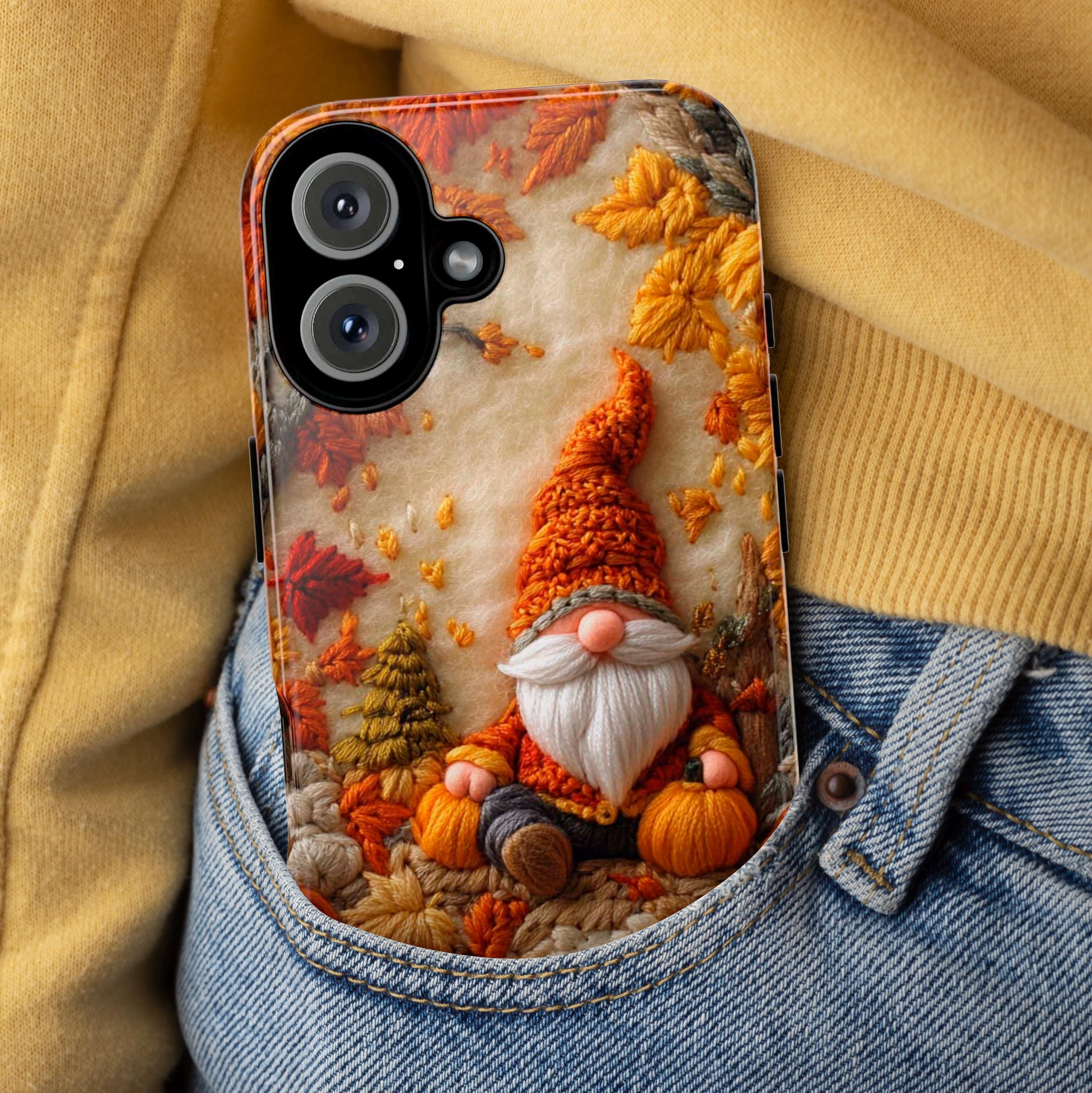 Fall Gnome Embroidery MagSafe Phone Case, Cozy Autumn Design with Fall Leaves and Pumpkins Case i Phone 15 14 13 12 / Samsung S24, 452.1