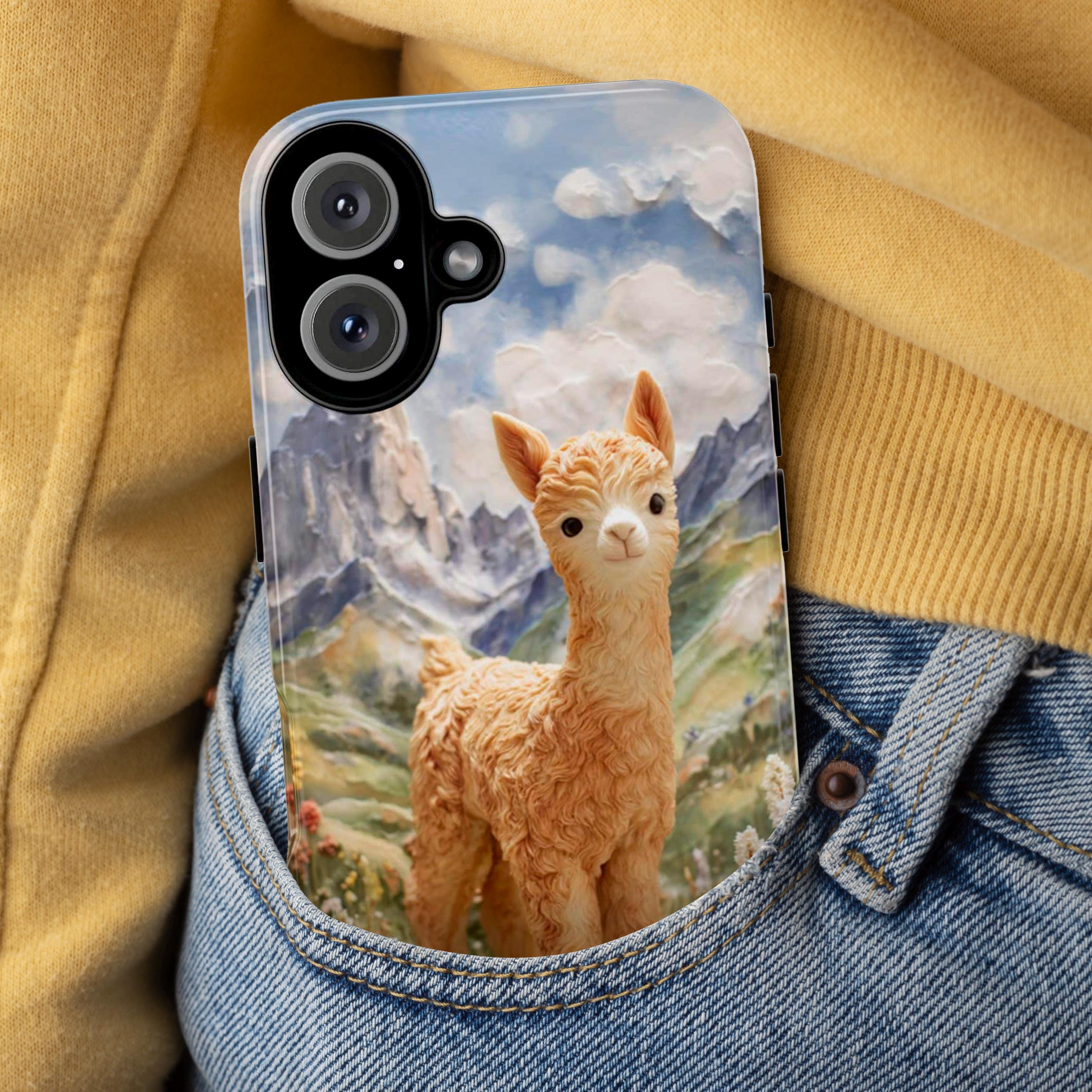 Cute Baby Alpaca Phone Case, Alpaca Lover, Mountain Flowers Scenic Nature Art Cover for iPhone 17 16 15 Tough or Magsafe, Samsung, 440.12