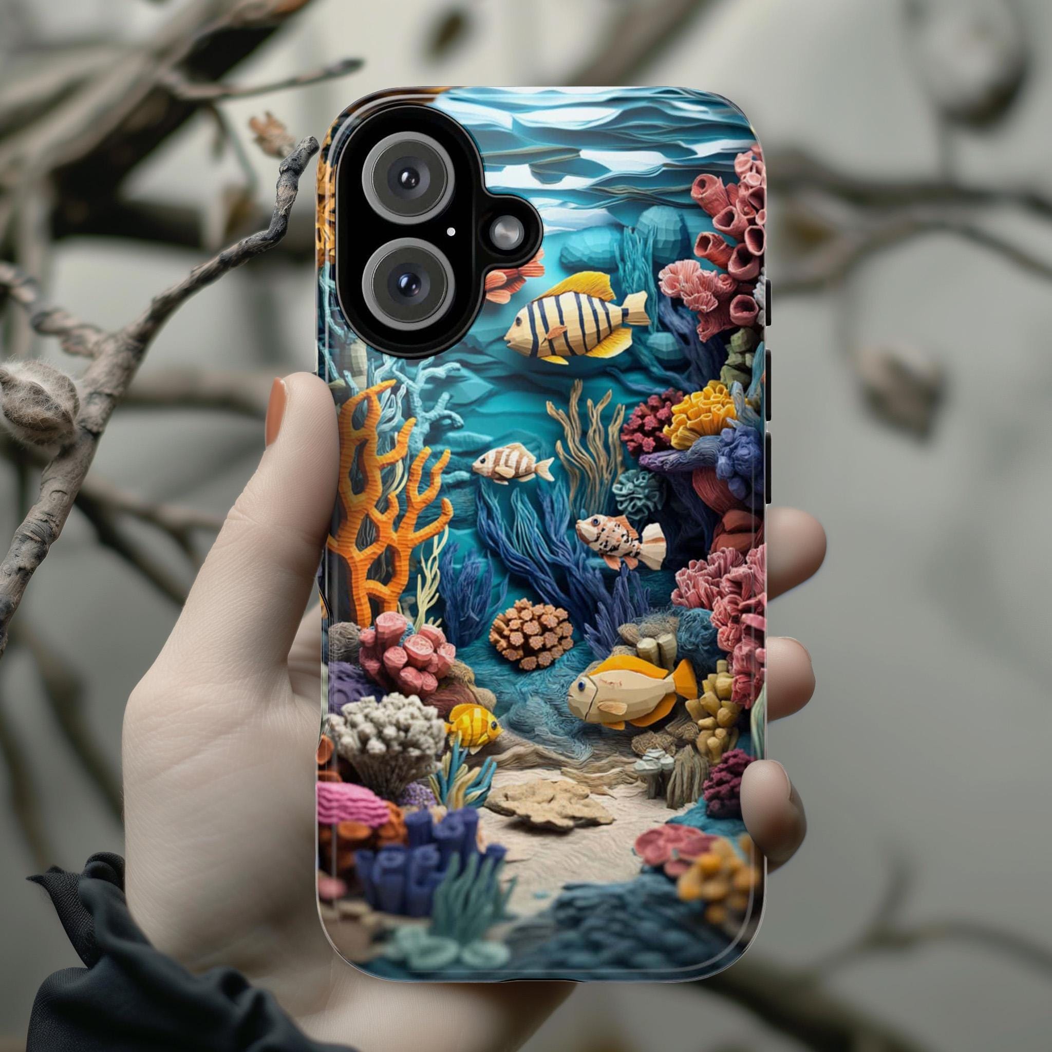 Aquatic Marine Life Phone Case, Beauty Ocean Design, Waves and Fish Lovers Phone Case for iPhone 16 15 14 13, Samsung S25, 466.8