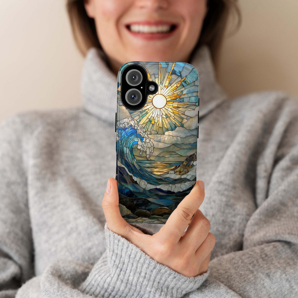 Stained Glass Sunset Ocean Phone Case, Sea-Wave Inspired Cover, Beach Lovers Gift Case Tough or Magsafe for iPhone 16 15 14 13, 455.12