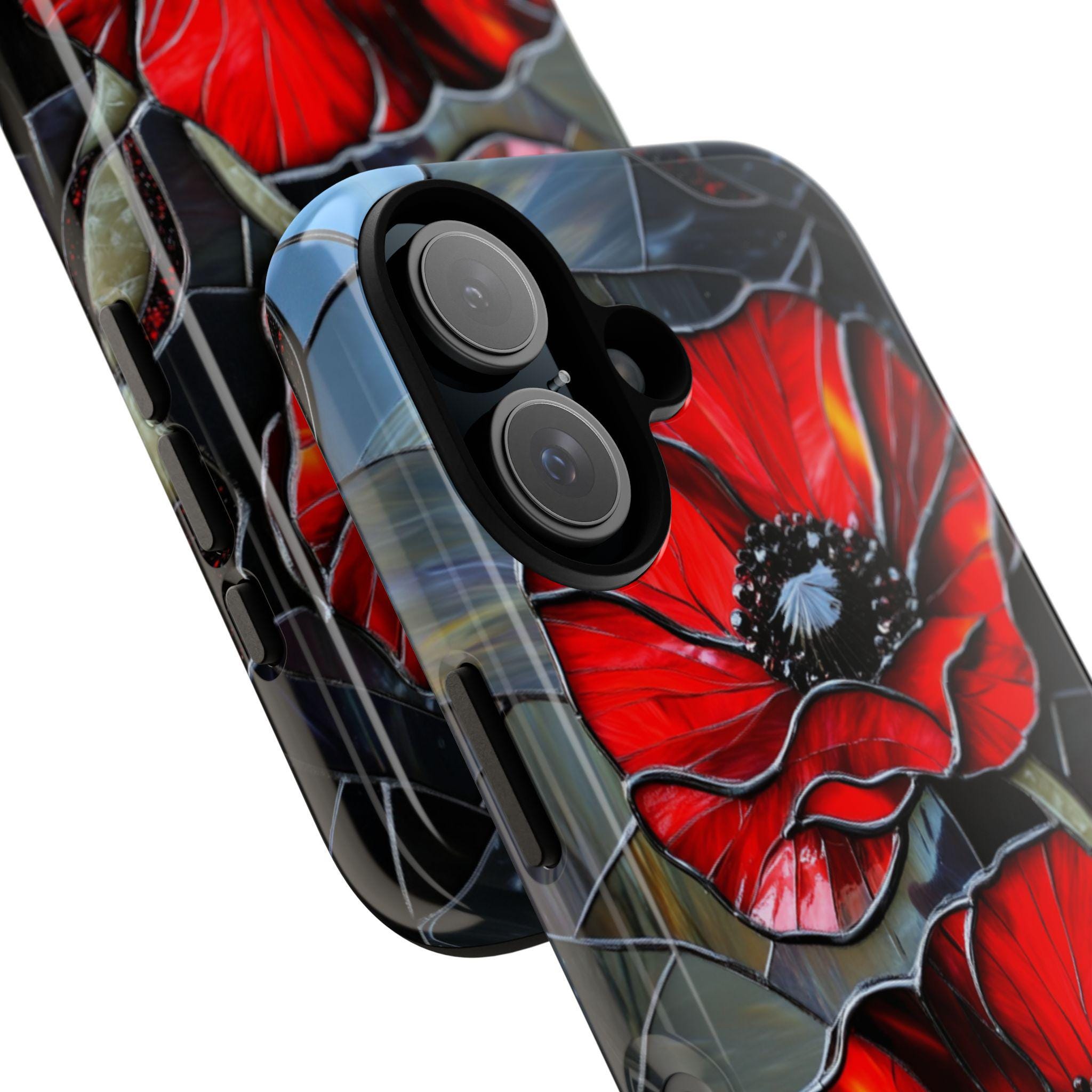 Stained Glass Red Poppies Phone Case, Mosaic Vibrant Red Poppy MagSafe Case for iPhone 16 15 14 13 Tough or MagSafe, Samsung S25, 418.17