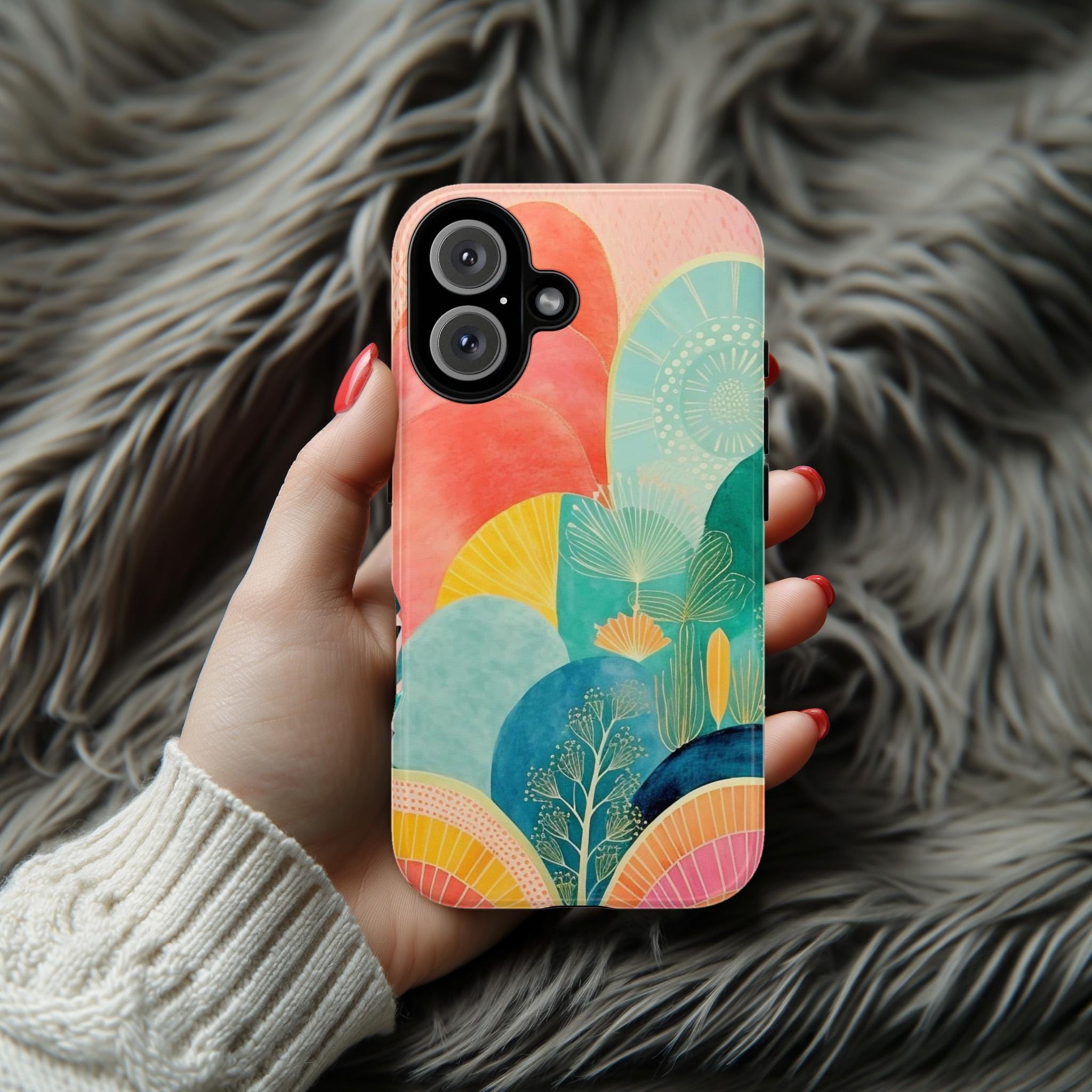 Boho Abstract Landscape Phone Case, Aesthetic Watercolor Phone, Painting Art Cover for iPhone 15 14 13 12 11 Pro Max Plus / Galaxy S25, 135