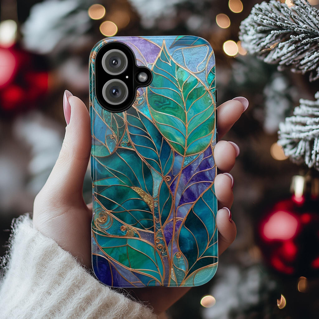 Green and Blue Leaf Phone Case with Gold Accents, Stained Glass Effect Artistic Nature Botanical Phone Cover for iPhone & Samsung, 478.7