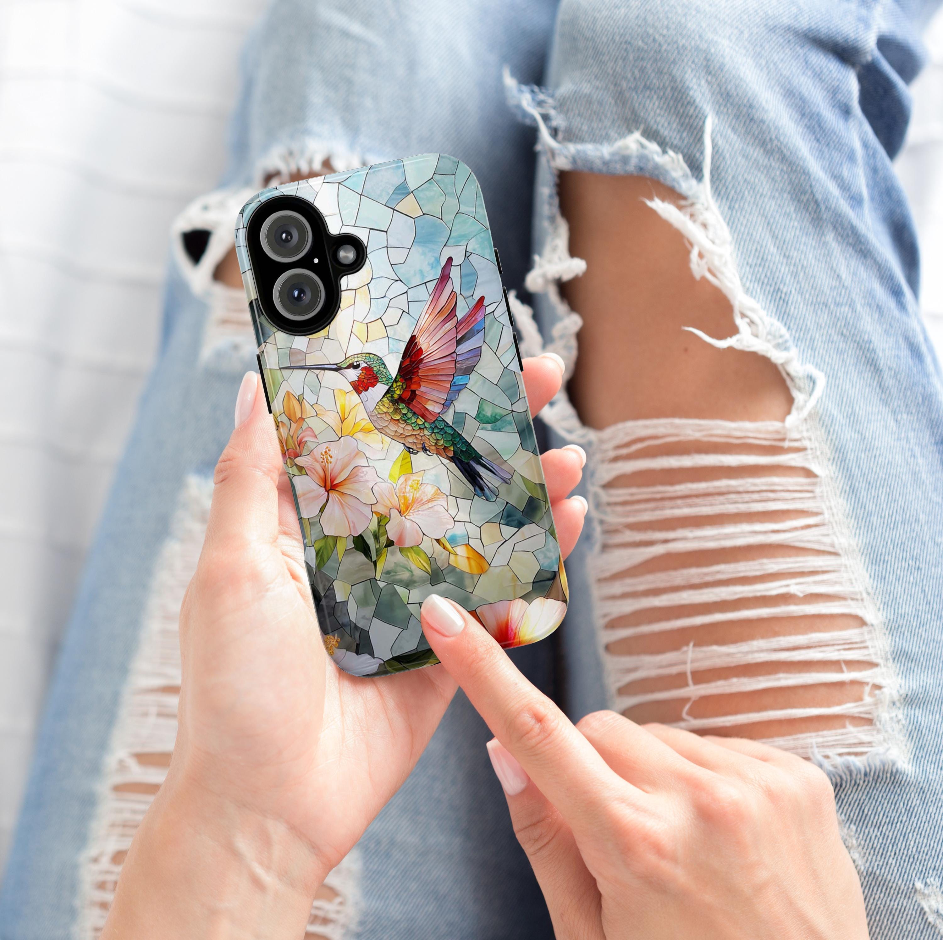 Stained Glass Mosaic Hummingbird Phone Case | Colorful Tropical Floral Design for iPhone 16 Pro Max 15 14 Plus Mag Safe, Samsung S25, 419.4