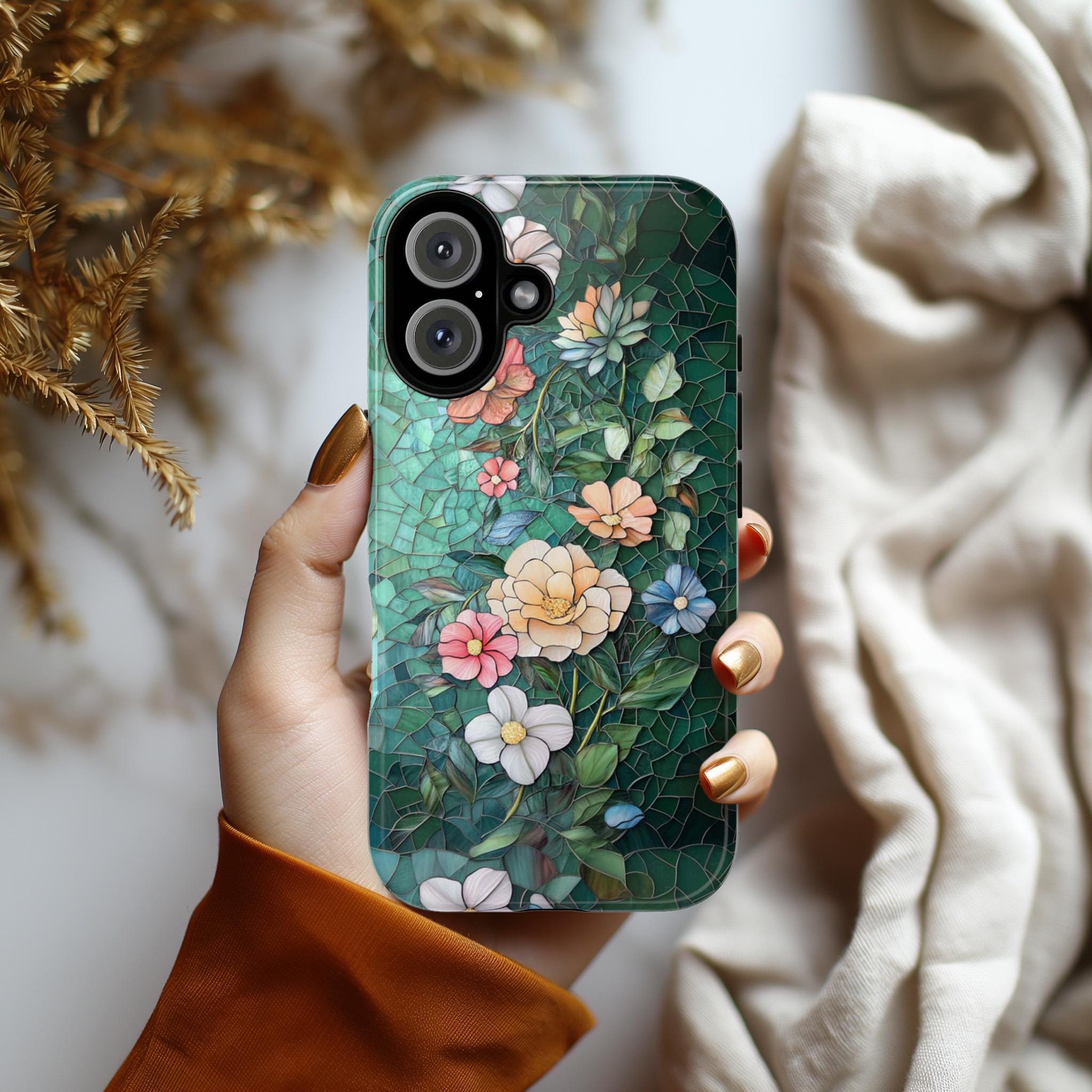 Elegant Vintage Mosaic Flowers Phone Case, Plant Lover Gift, Stained Glass Floral Case for iPhone 16 15 14 13 Magsafe, Samsung S25, 418.29