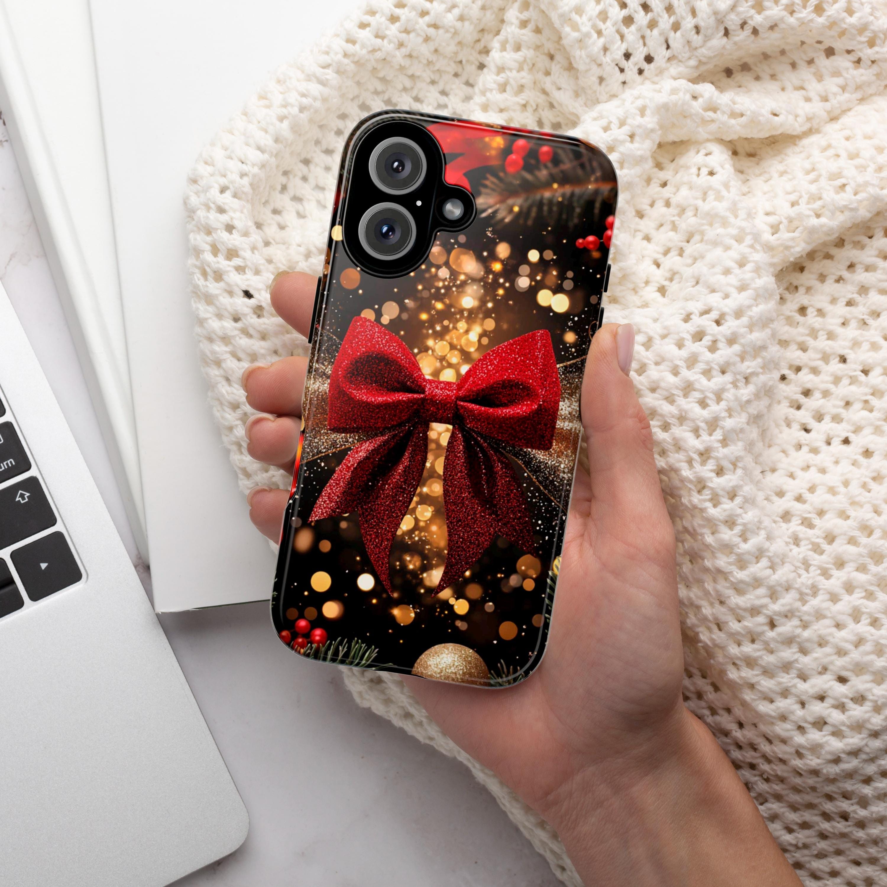 New Year's Eve party Phone Case | Red Gold Glitter Bow Phone Cover, Luxury Bow for iPhone 16 15 14 13 Magsafe of Tough Case, Samsung, 437.6