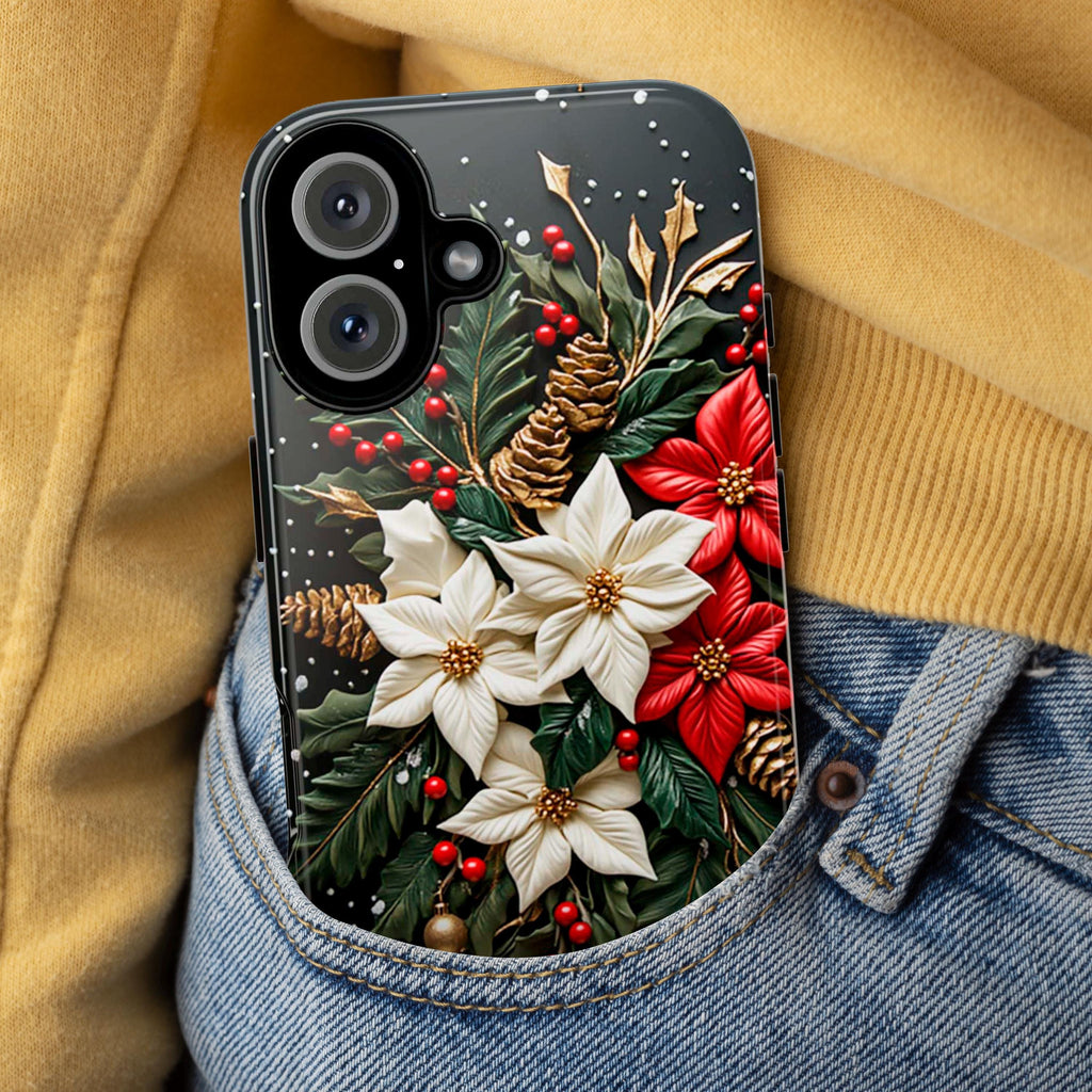 Poinsettia Floral Christmas Phone Case | Festive Red & White Floral 3D effect MagSafe for iPhone 16 15 14 13 Pro Max, Samsung S25, 433.11