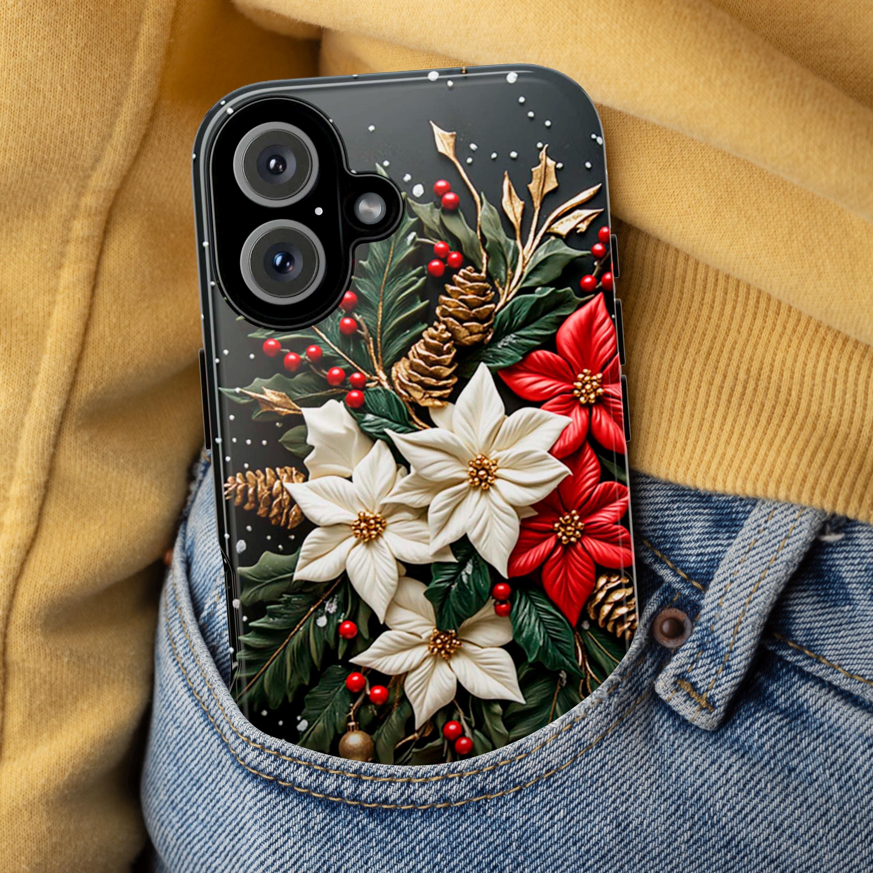 Poinsettia Floral Christmas Phone Case | Festive Red & White Floral 3D effect MagSafe for iPhone 16 15 14 13 Pro Max, Samsung S25, 433.11