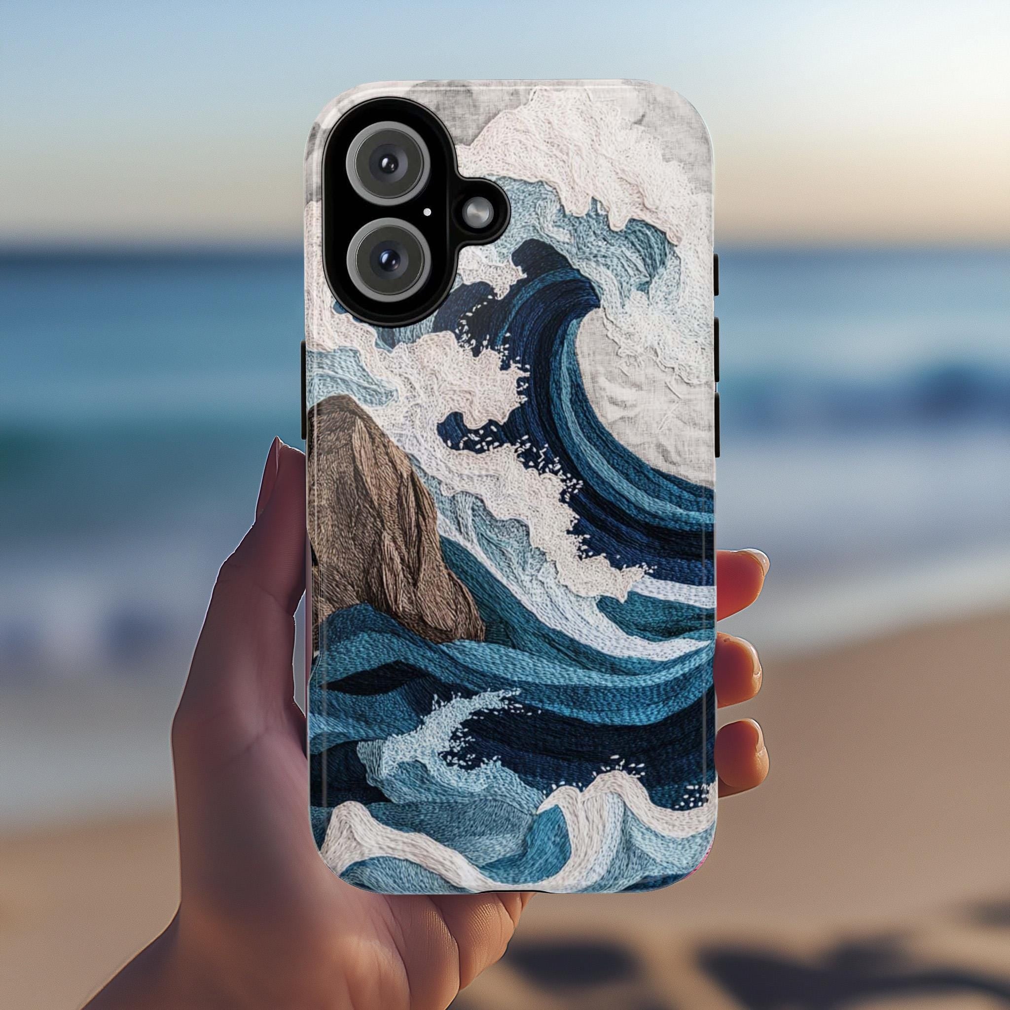 Ocean Waves Embroidery 3D Phone Case, Cozy Marine Life Design, Fine Art Aesthetic Phone Case for iPhone 16 15 14 13 / Samsung S24, 453.5
