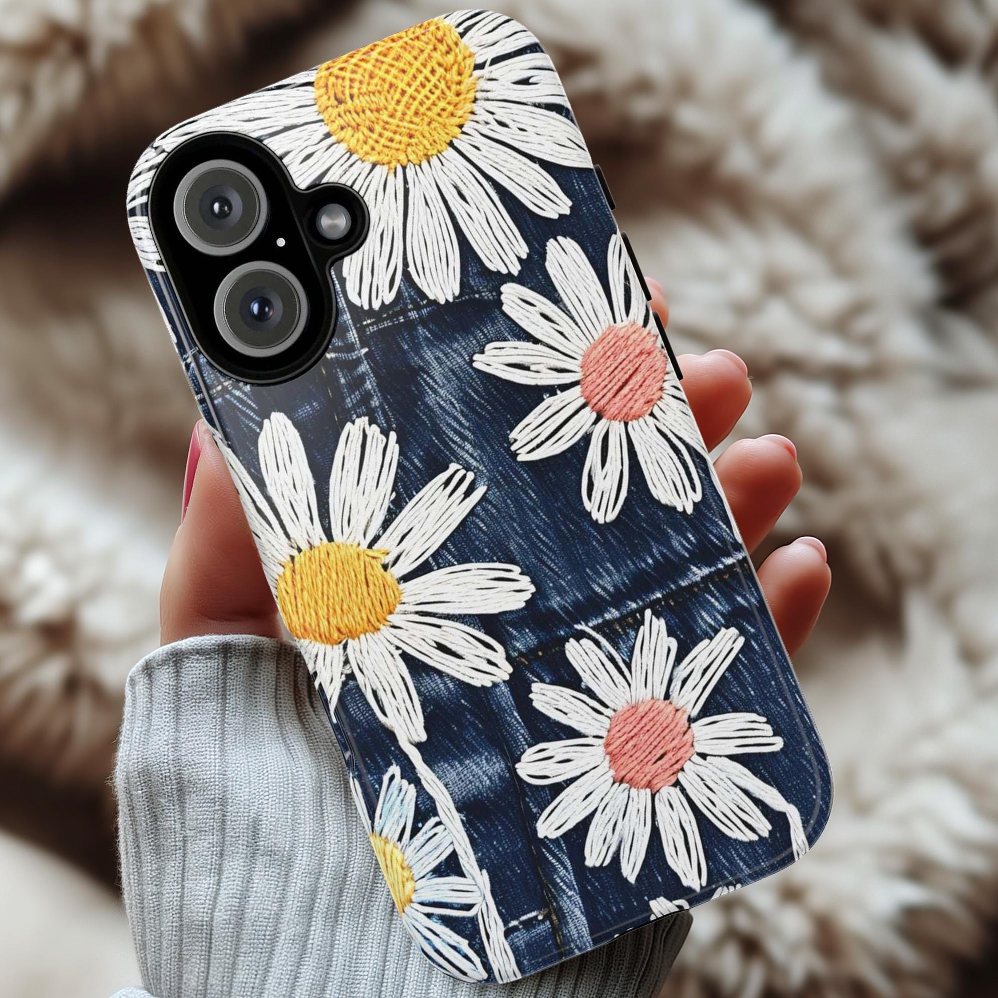 Embroidered Style Daisies on Denim Texture Phone Case, Floral Phone Cover for iPhone 16 Tough or Magsafe, Pixel 9, Samsung S25, 349.1