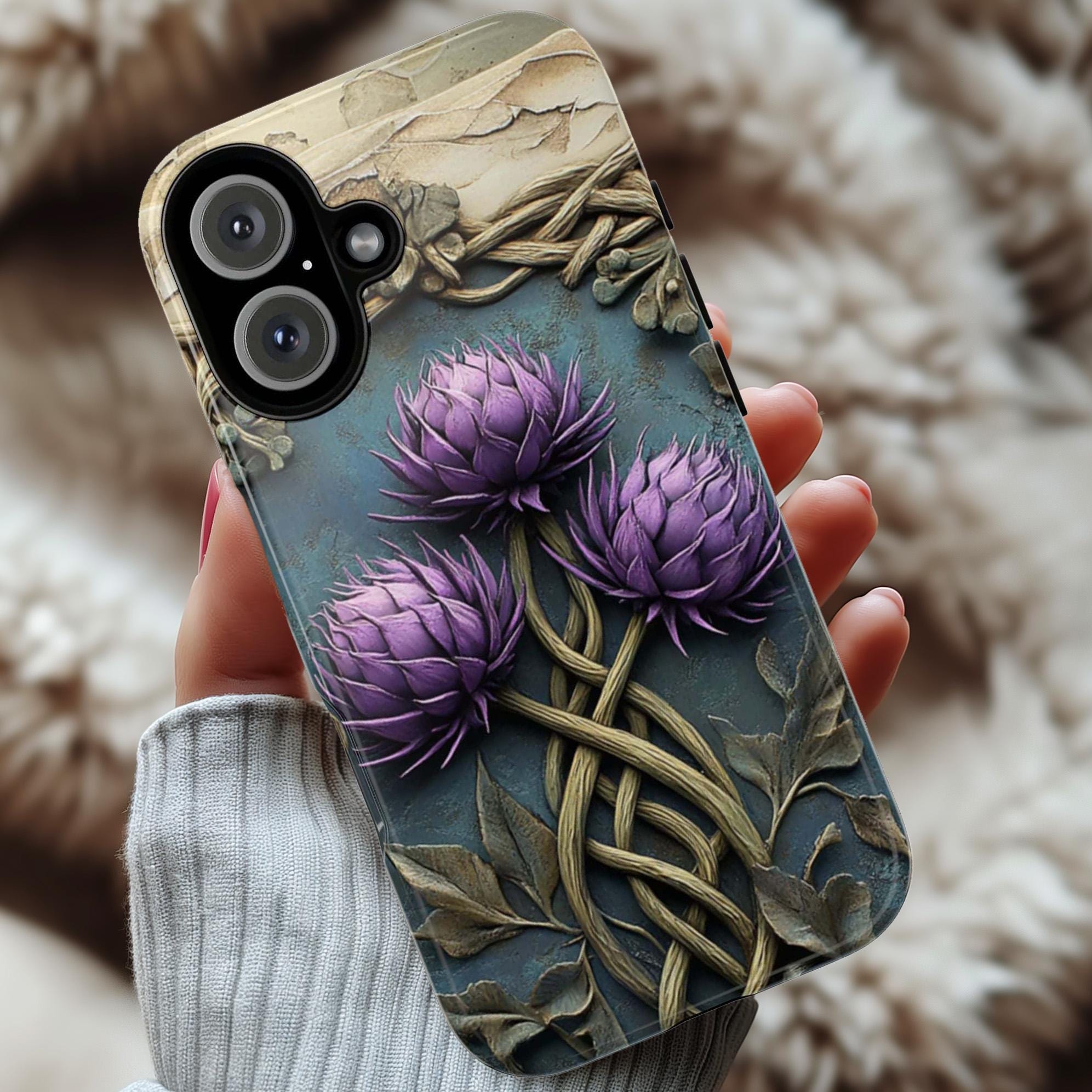 Celtic Thistle Phone Case, Rustic 3D Style Purple Flower Design, Nature Celtic Cover for iPhone 16 15 Tough or Magsafe, Samsung S25, 439.48