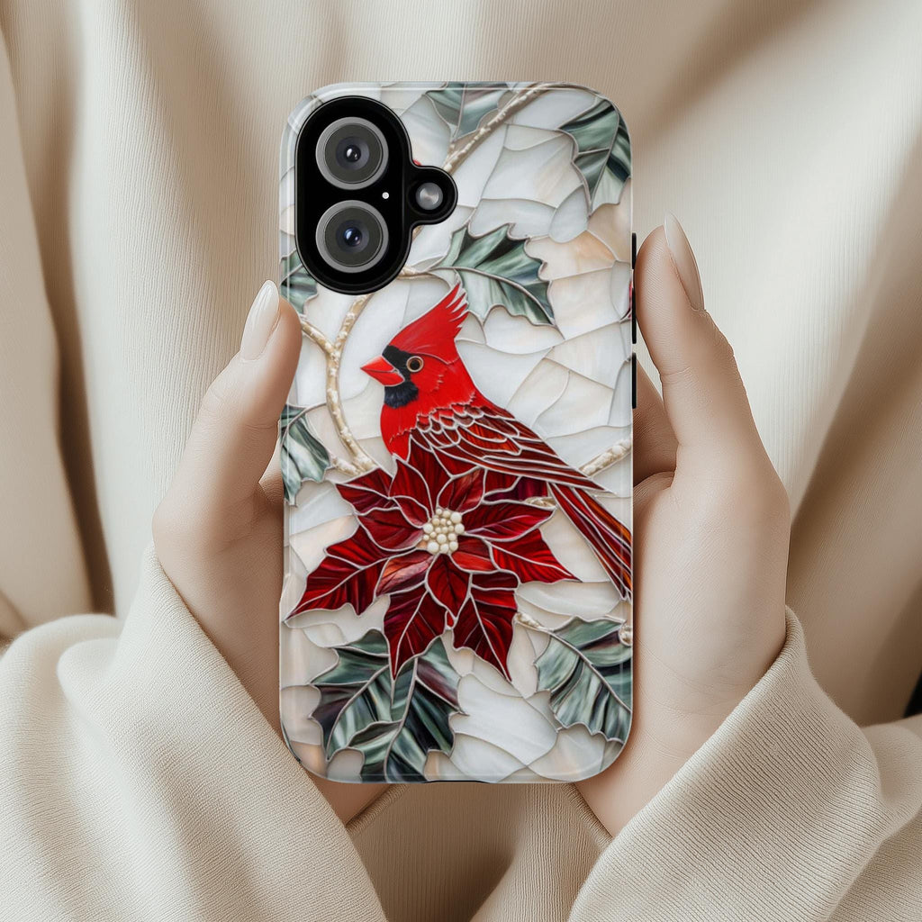 Cardinal & Poinsettia Stained Glass Winter Phone Case,  Red Bird and Floral Design MagSafe for iPhone 16 15 14 13, Samsung S24, 420.8