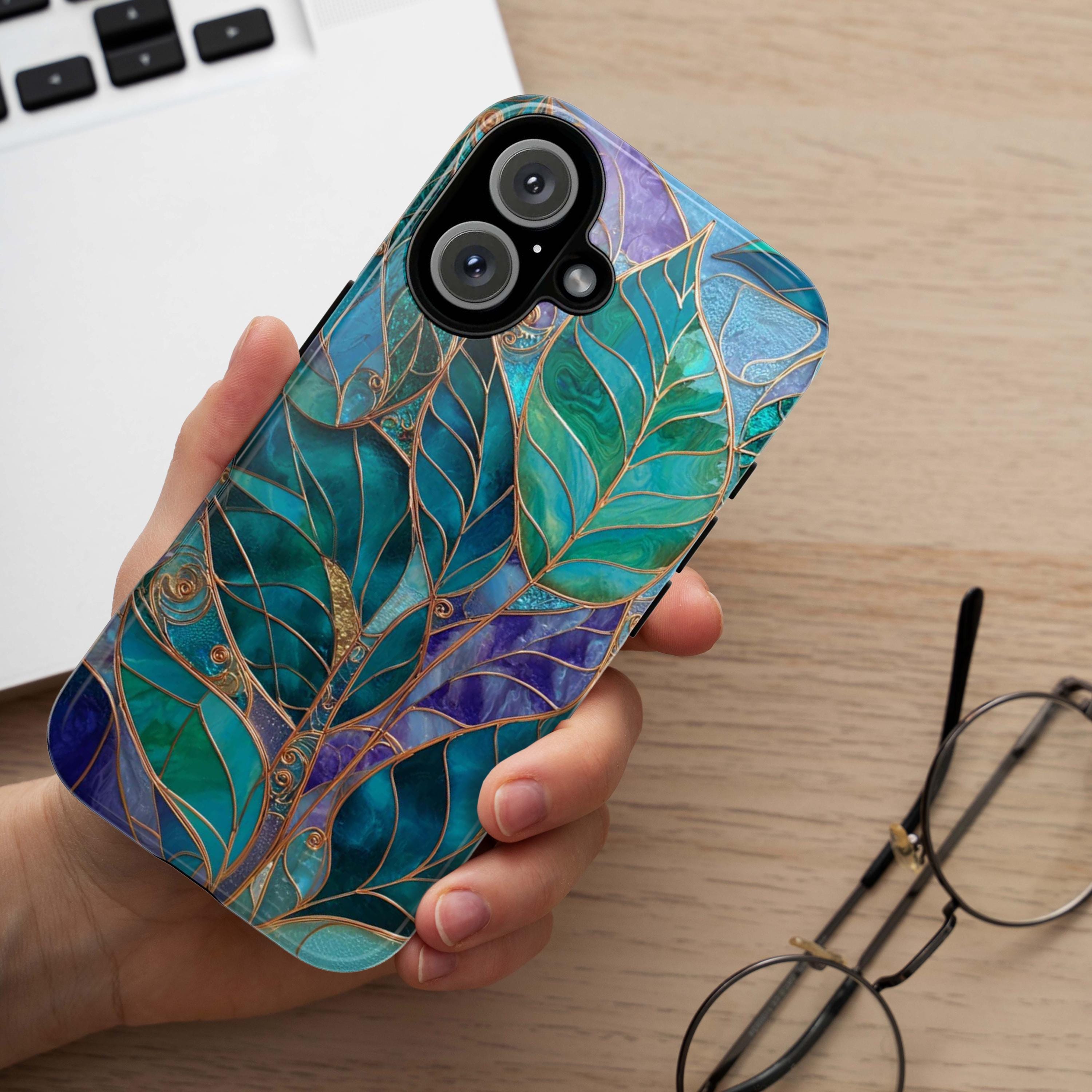 Green and Blue Leaf Phone Case with Gold Accents, Stained Glass Effect Artistic Nature Botanical Phone Cover for iPhone & Samsung, 478.7